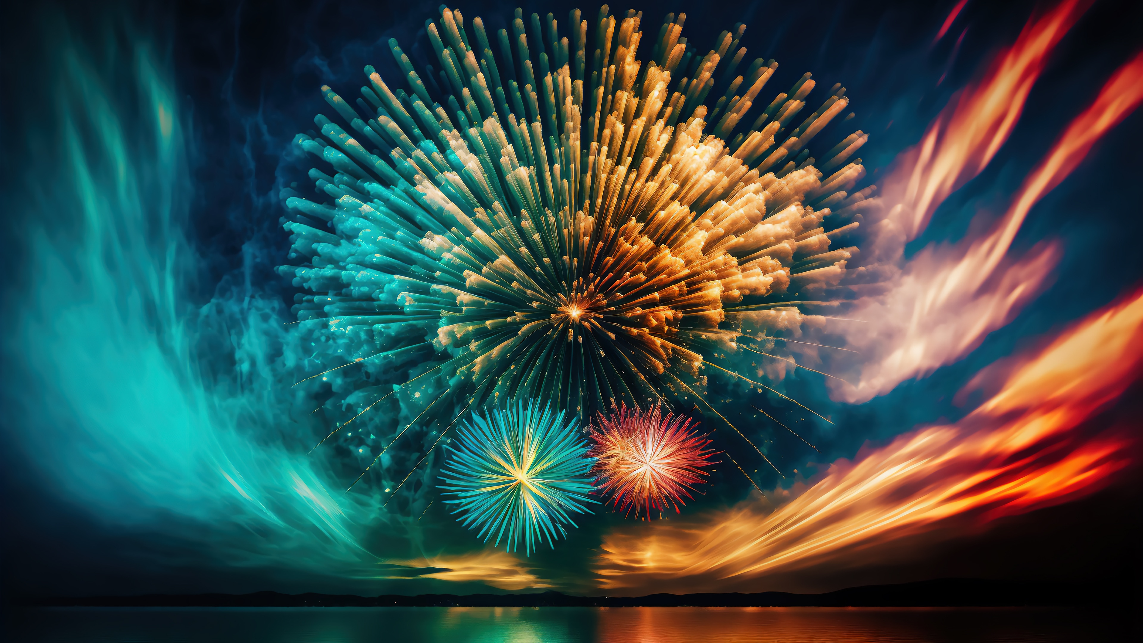 Colorful Fireworks Display Over Water 4K HD Wallpaper