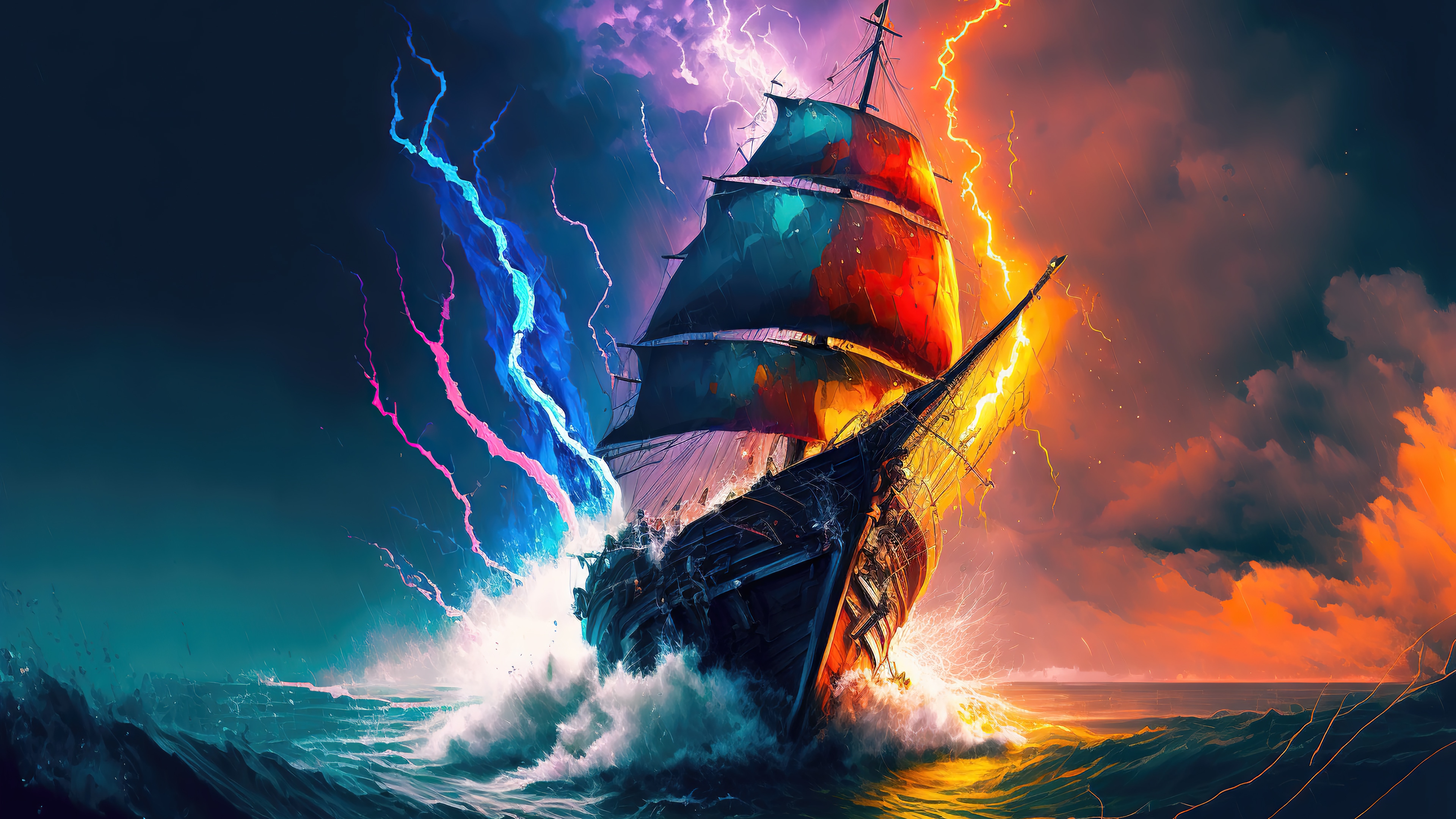 Colorful Ship in Lightning Storm 4K HD Wallpaper