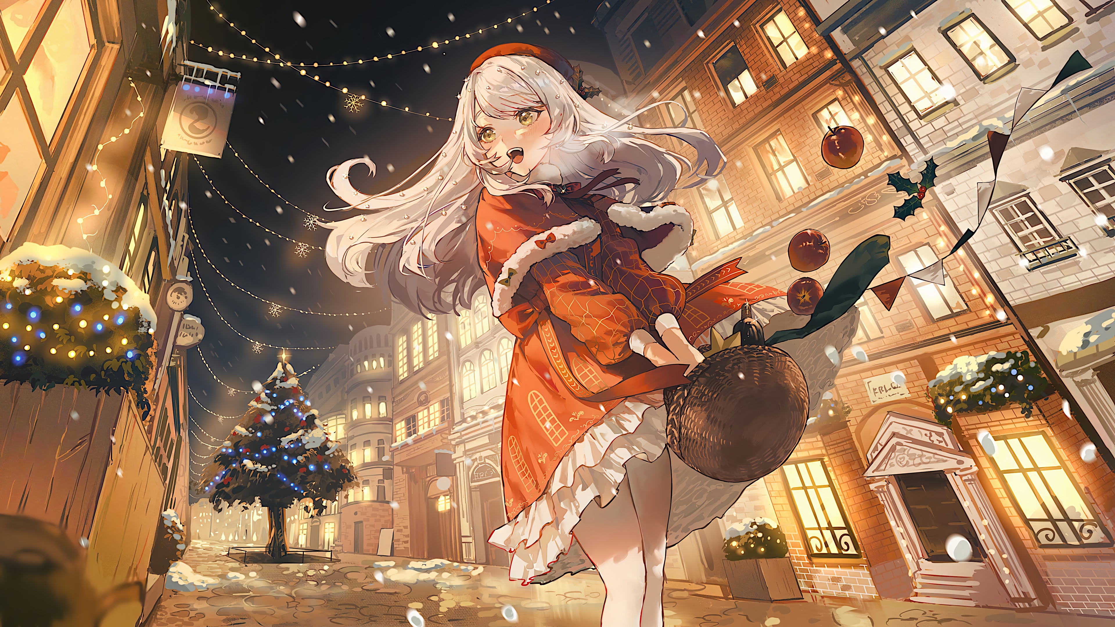 Anime Girl in Christmas Town 4K HD Wallpaper