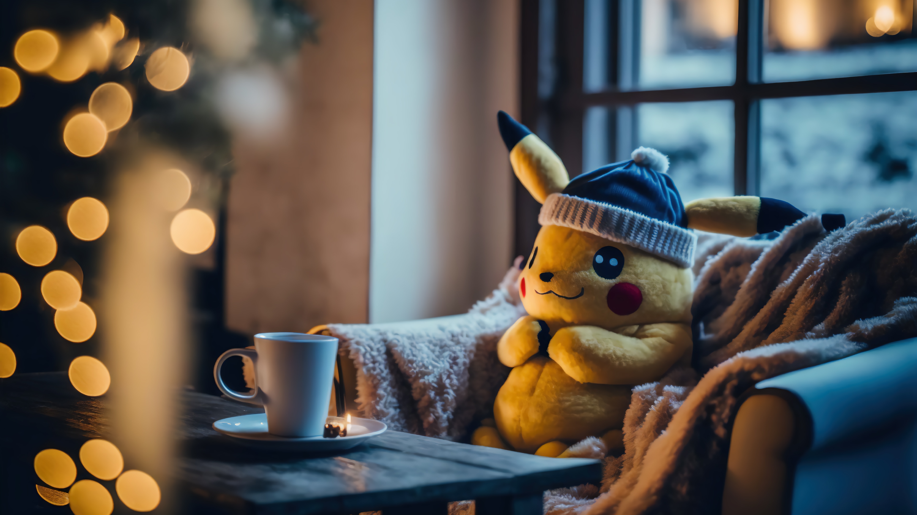 Pikachu in a winter hat with a mug of coffee HD Wallpaper