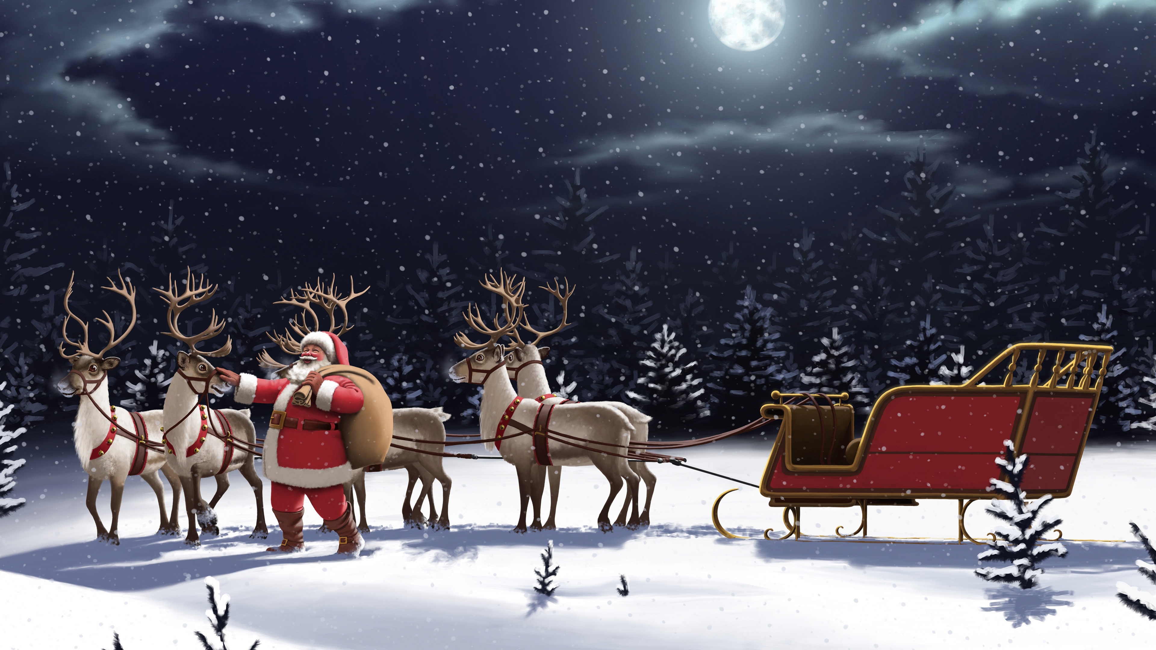 Santa Claus and Reindeer Sleigh 4K HD Wallpaper