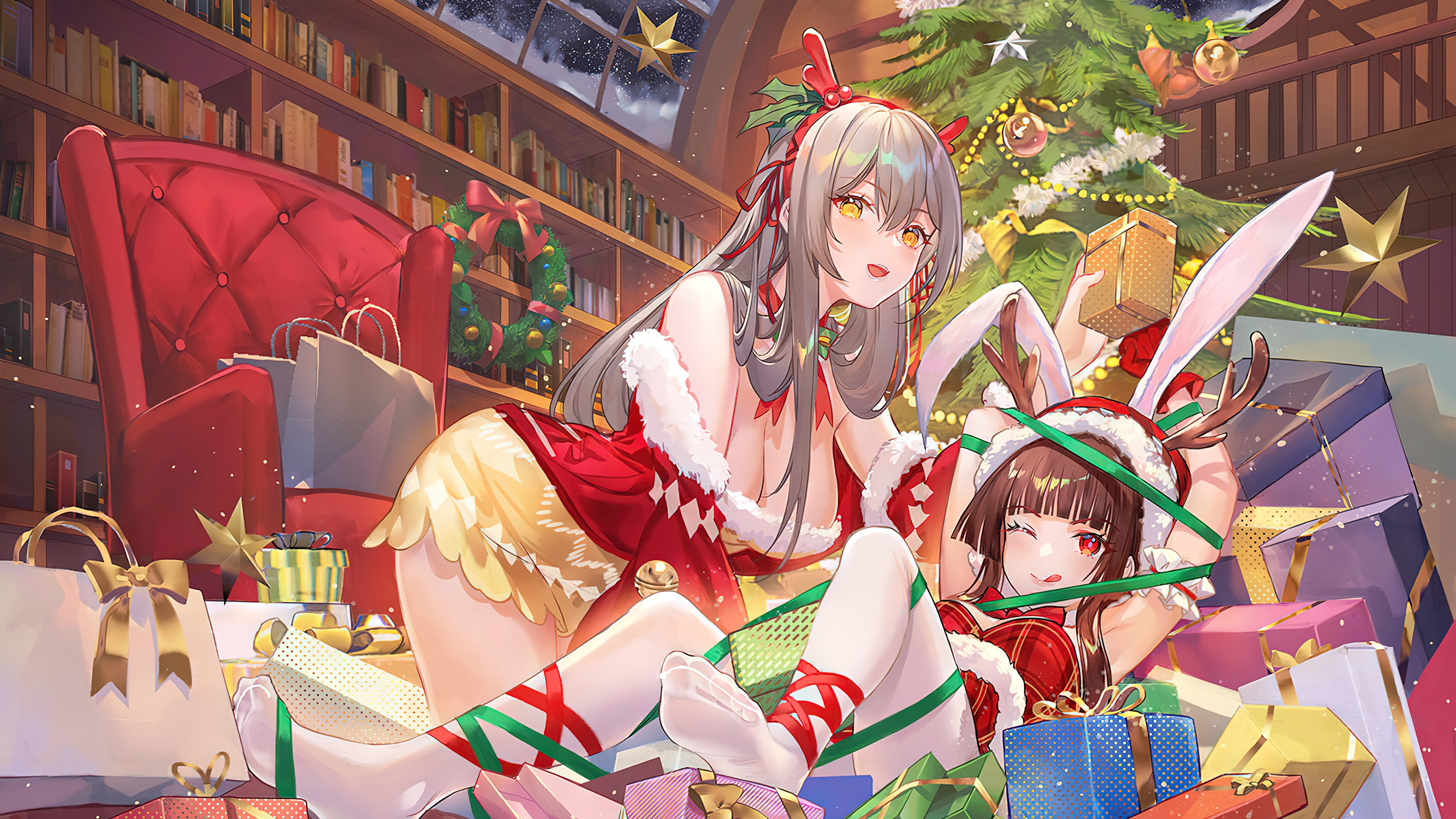 Anime Girls in Christmas Outfits with Gifts HD Wallpaper