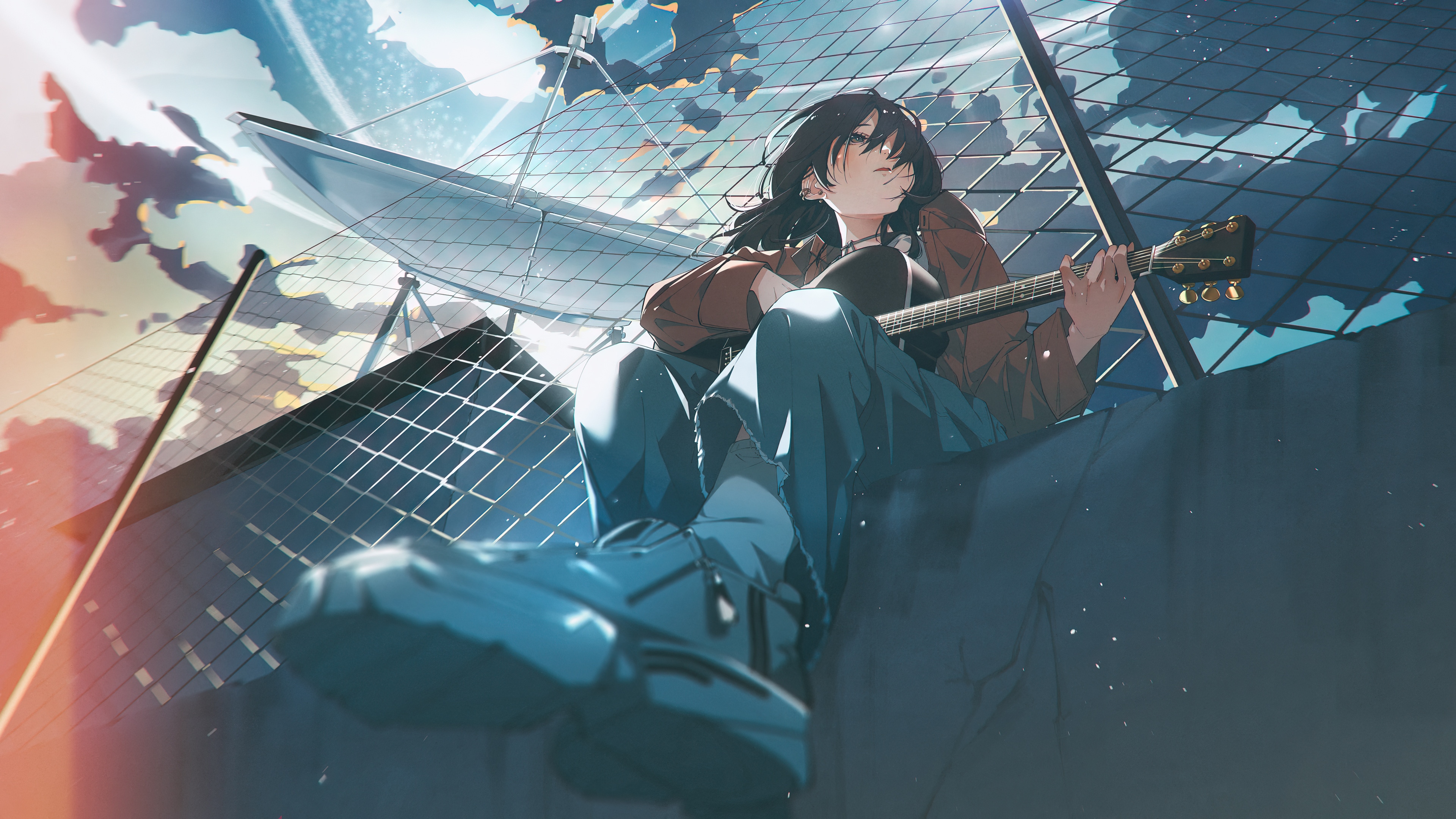 Anime Girl Playing Guitar on a Rooftop HD Wallpaper