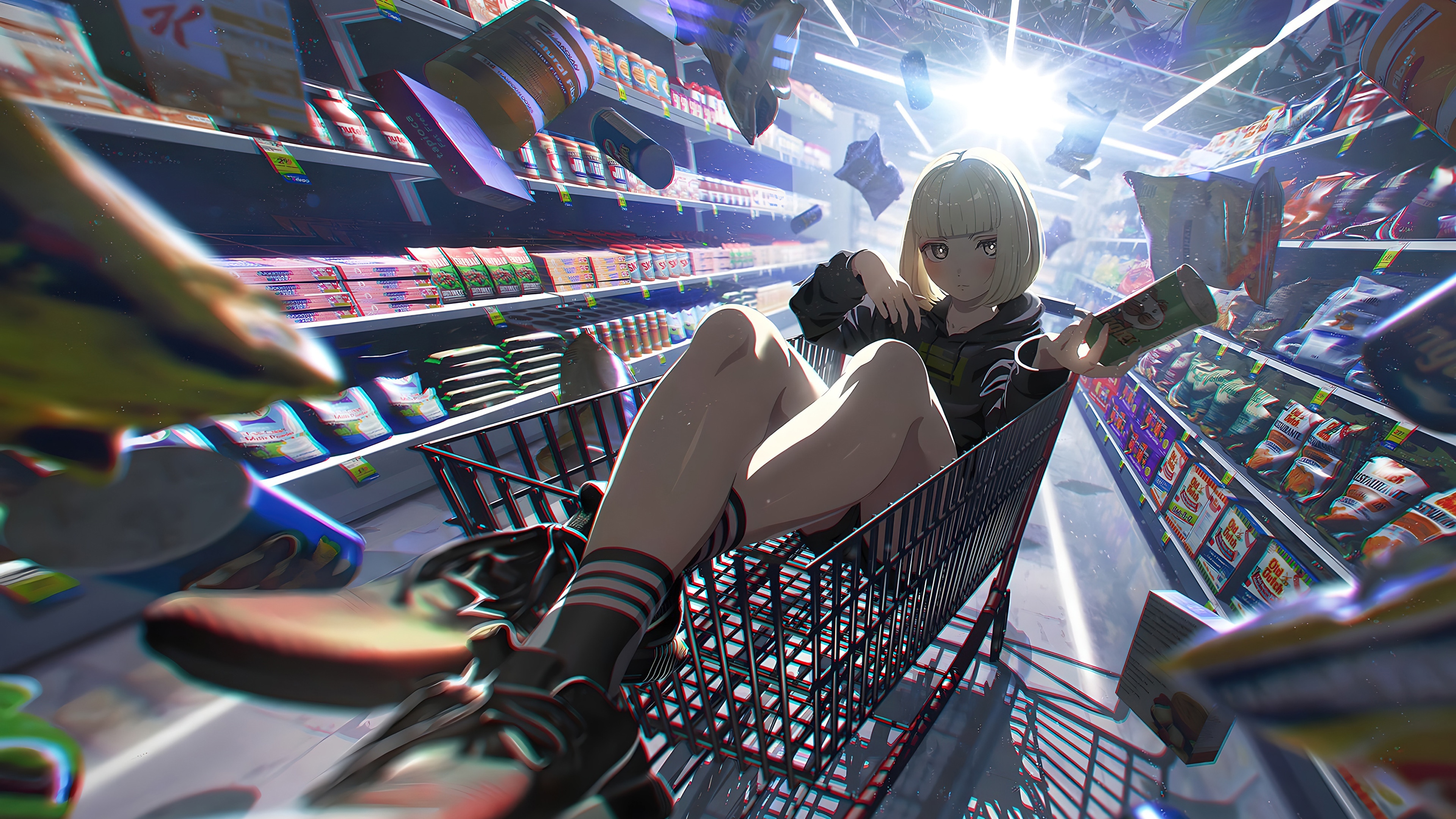 Anime Girl in Shopping Cart 4K HD Wallpaper