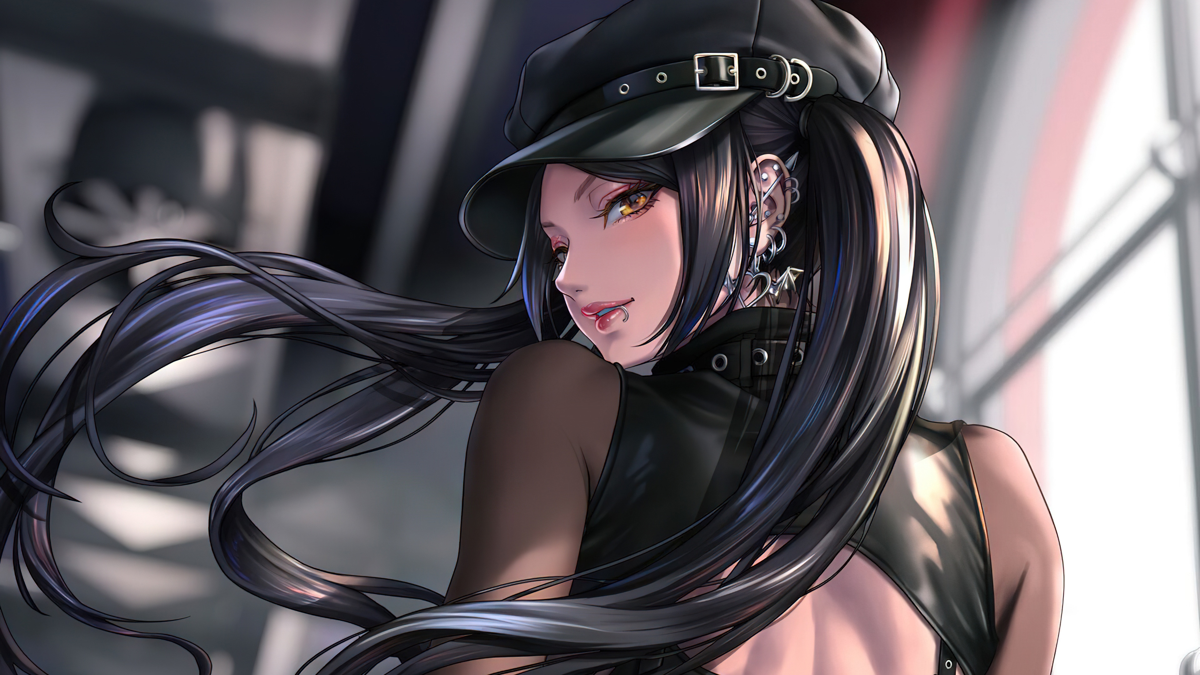 Anime Girl with Piercings and Black Hair HD Wallpaper