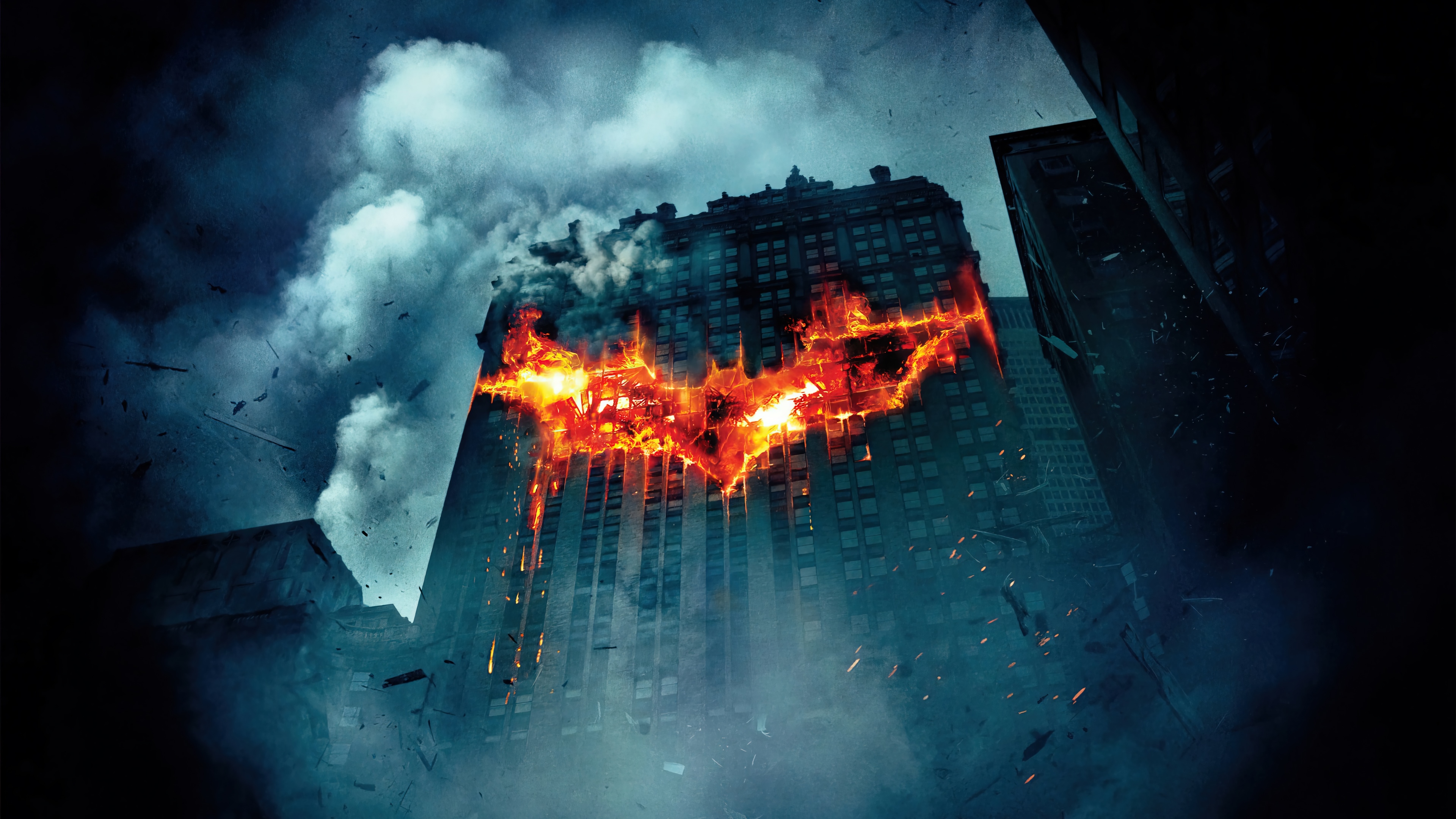 The Dark Knight Batman Logo Fire Building 4K HD Wallpaper