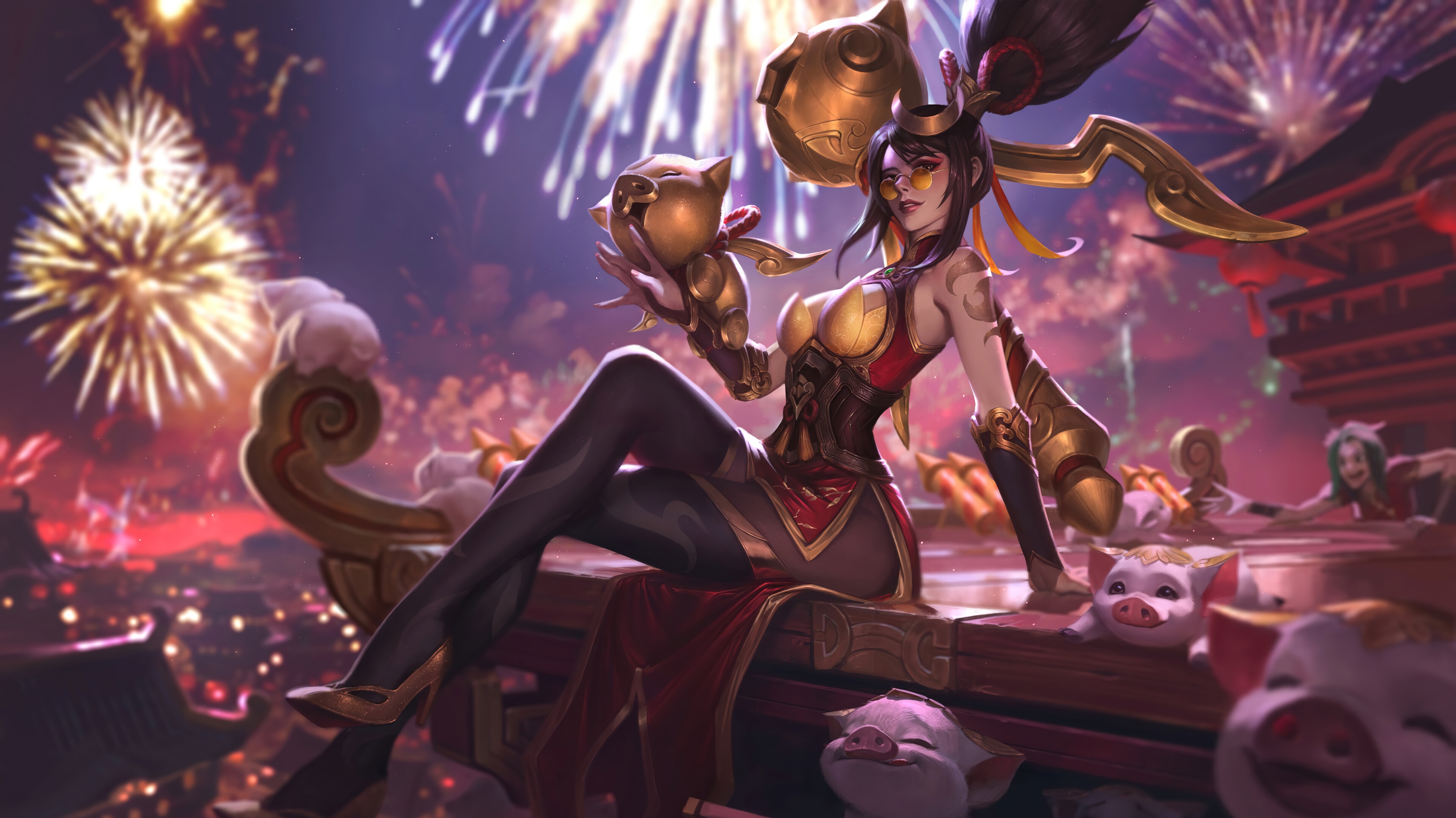 Vayne from League of Legends with pigs and fireworks HD Wallpaper
