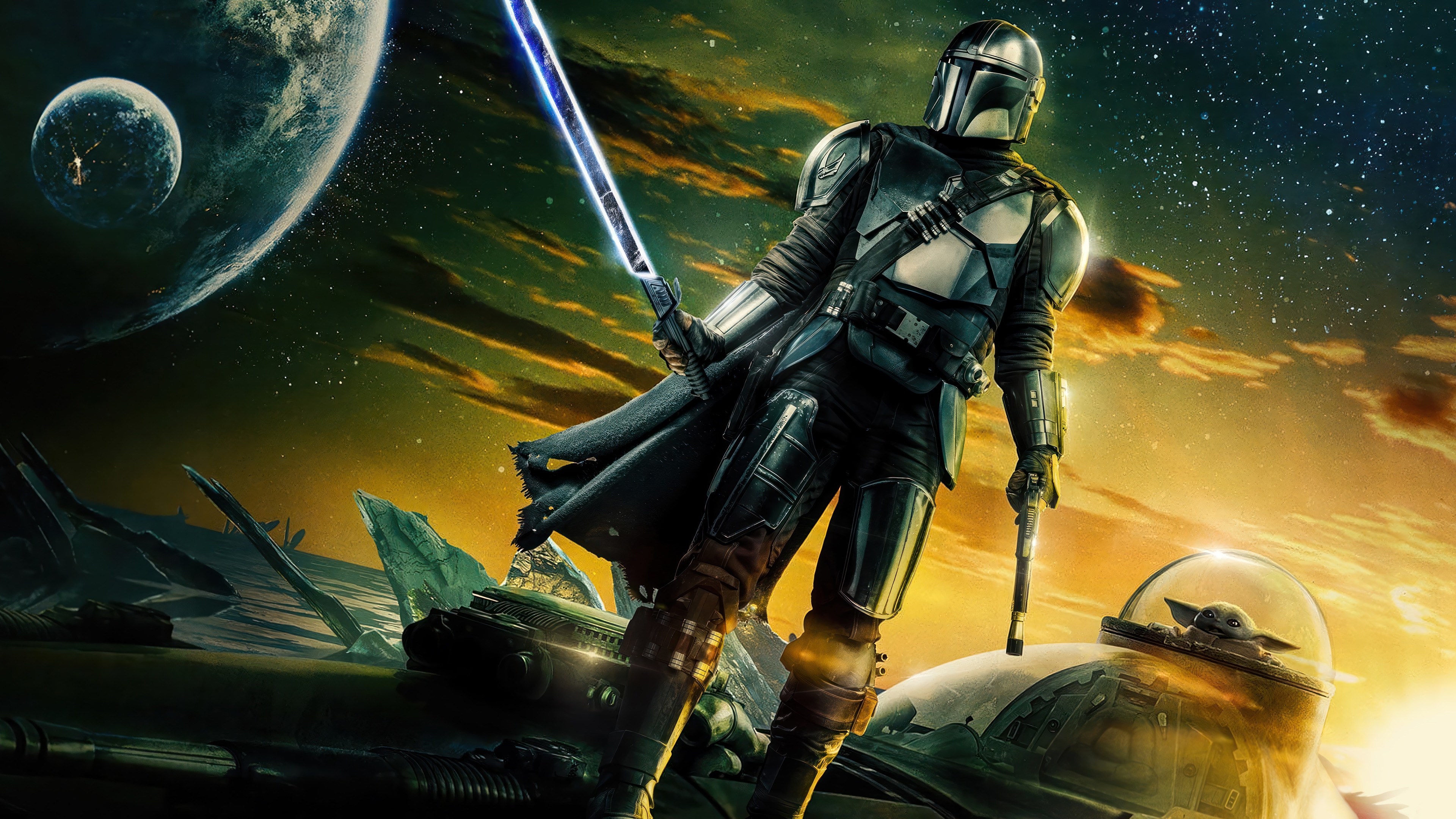 The Mandalorian with Darksaber and Grogu 4K HD Wallpaper