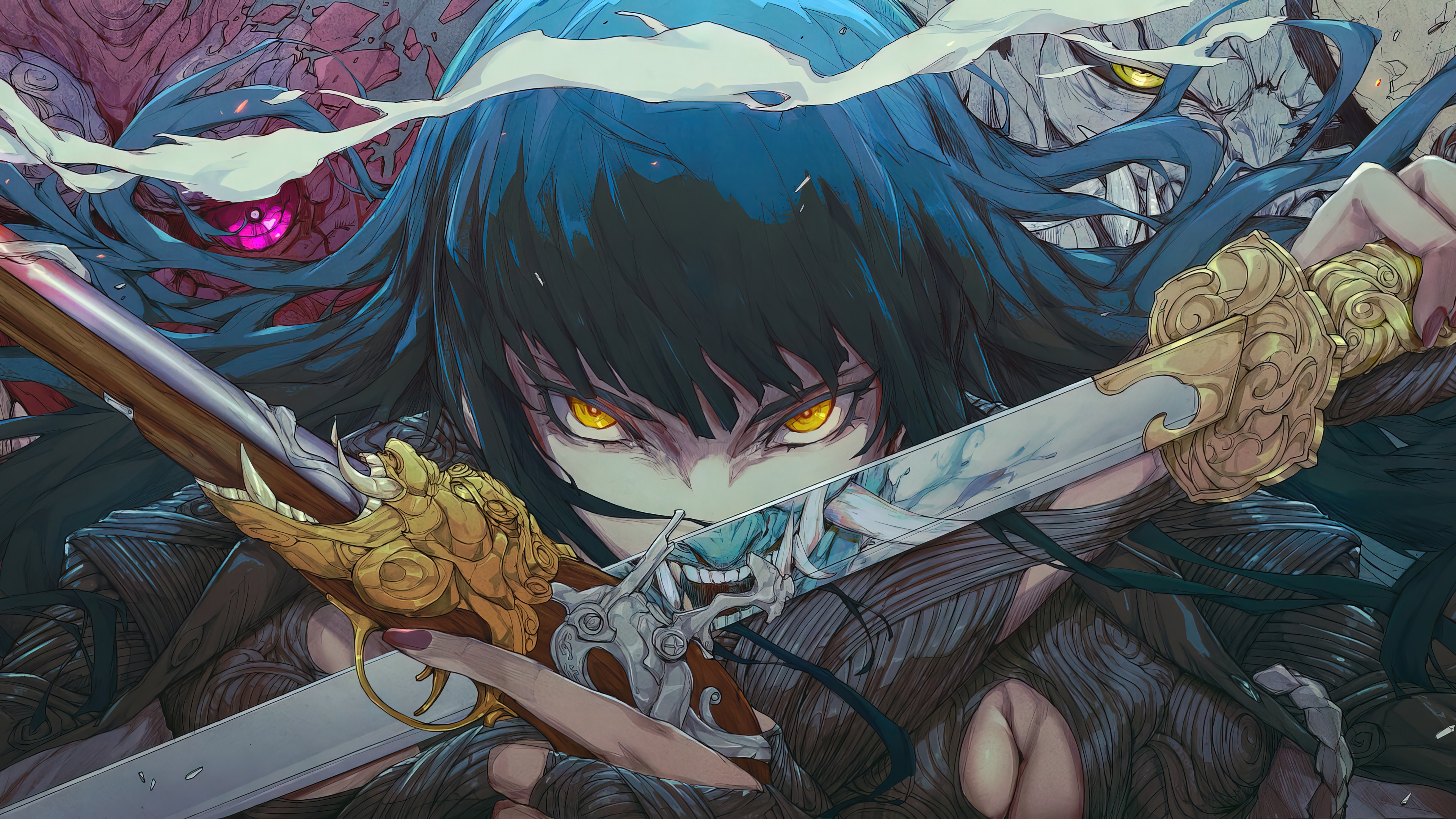 Anime Girl with Katana and Pistol HD Wallpaper