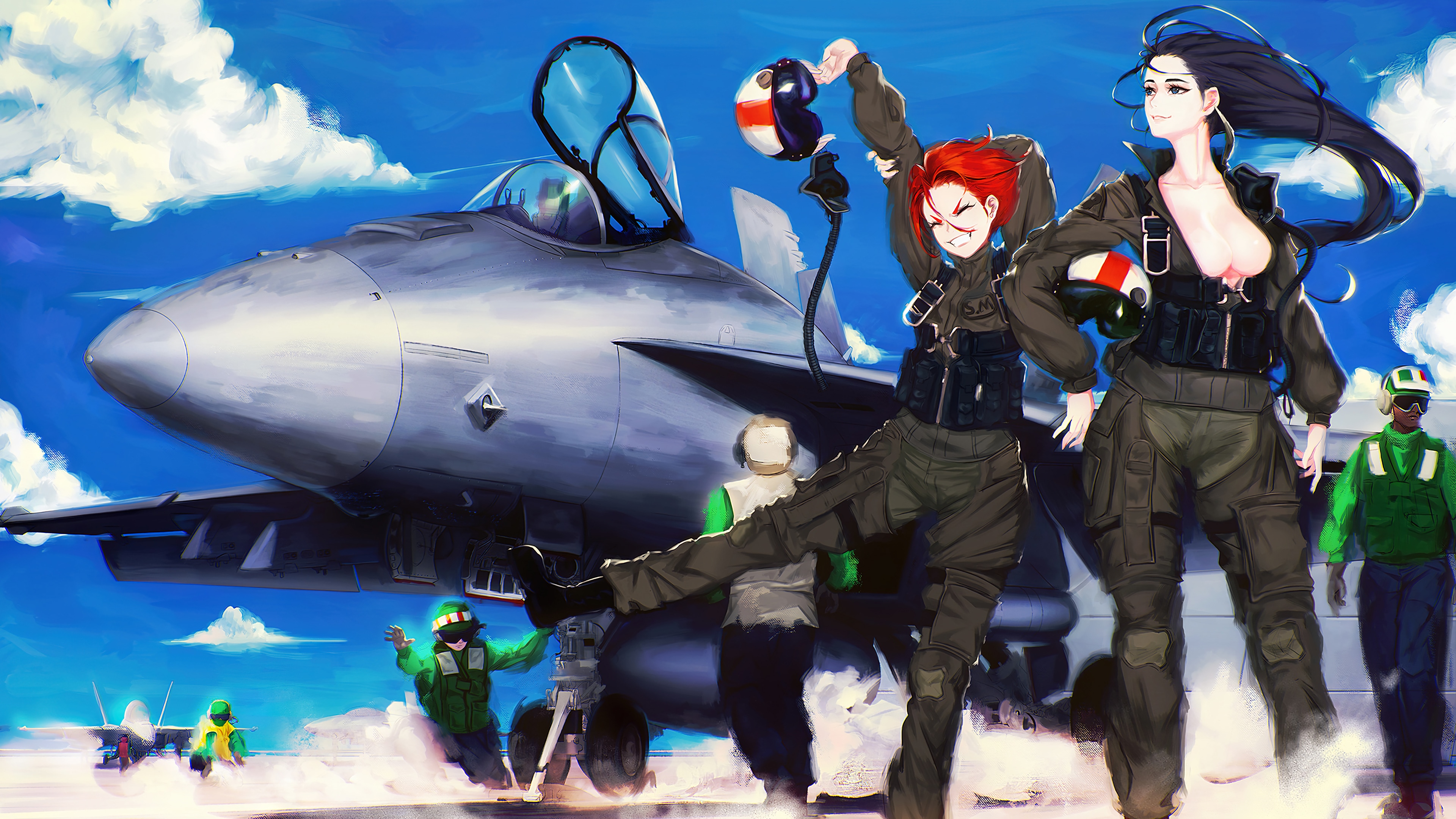 Anime Girls and Fighter Jet on an Aircraft Carrier HD Wallpaper