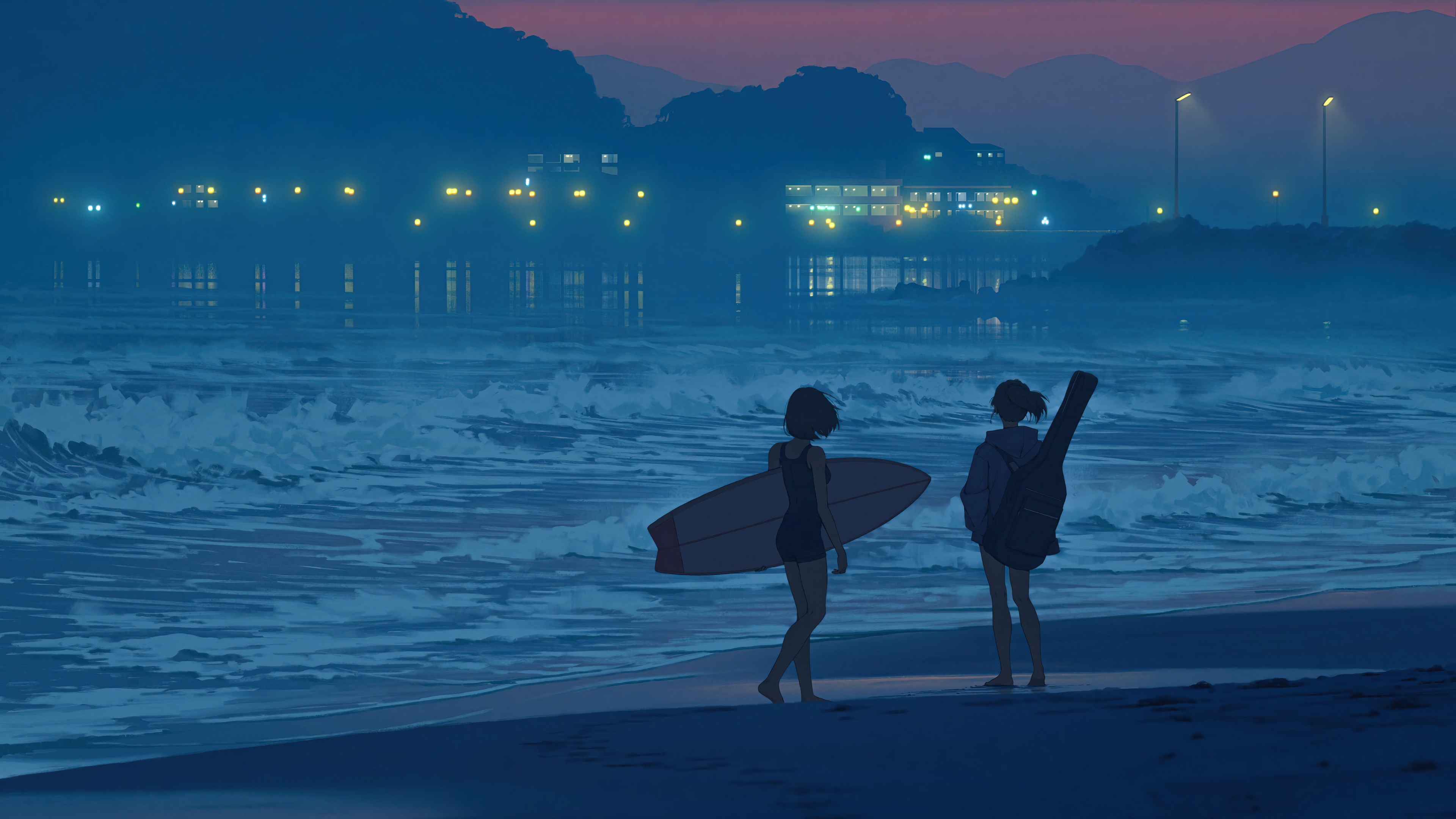 Anime Girls on Beach with Surfboard at Sunset 4K HD Wallpaper