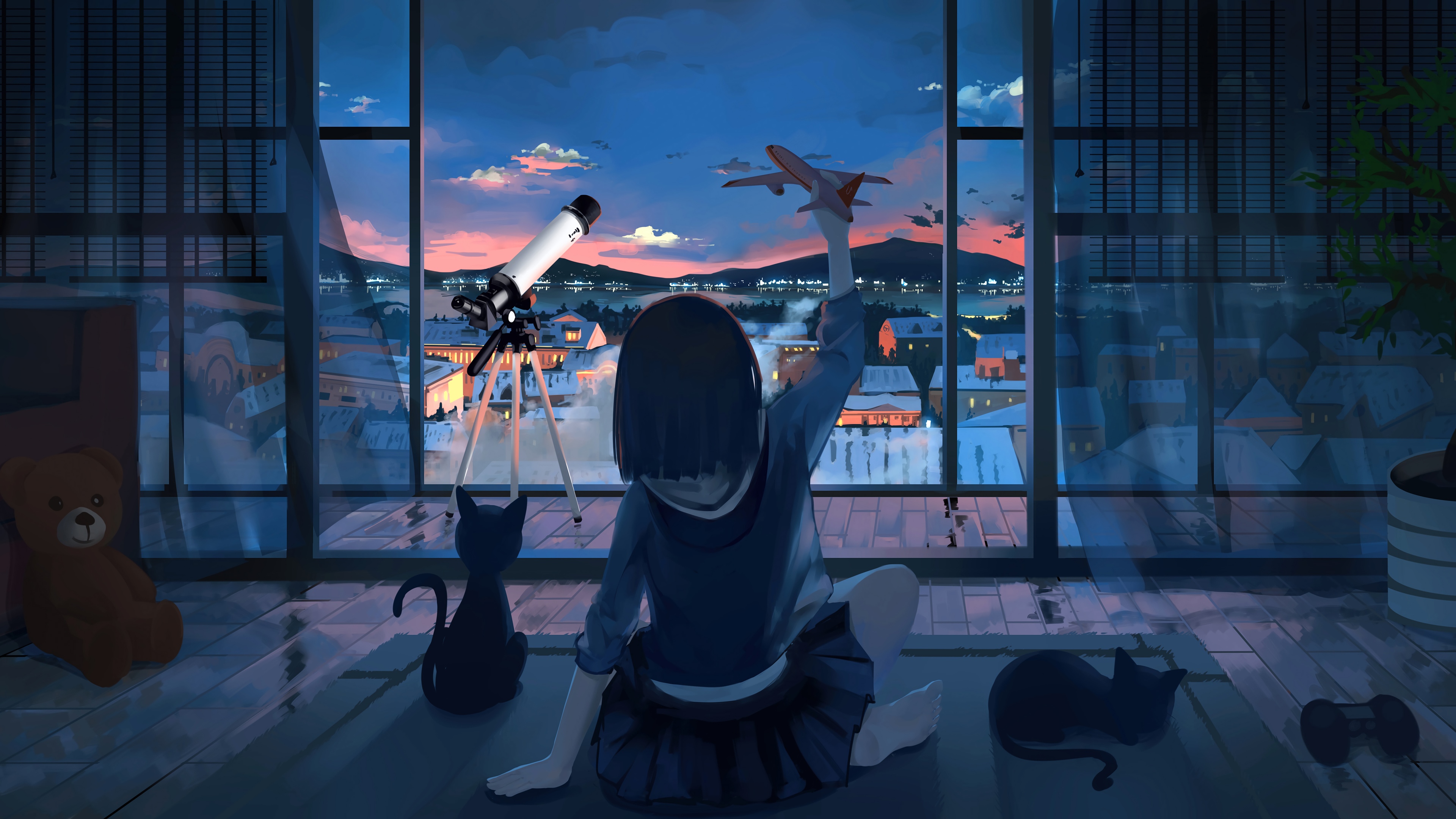 Anime girl with telescope and cats overlooking city at dusk 4K HD Wallpaper