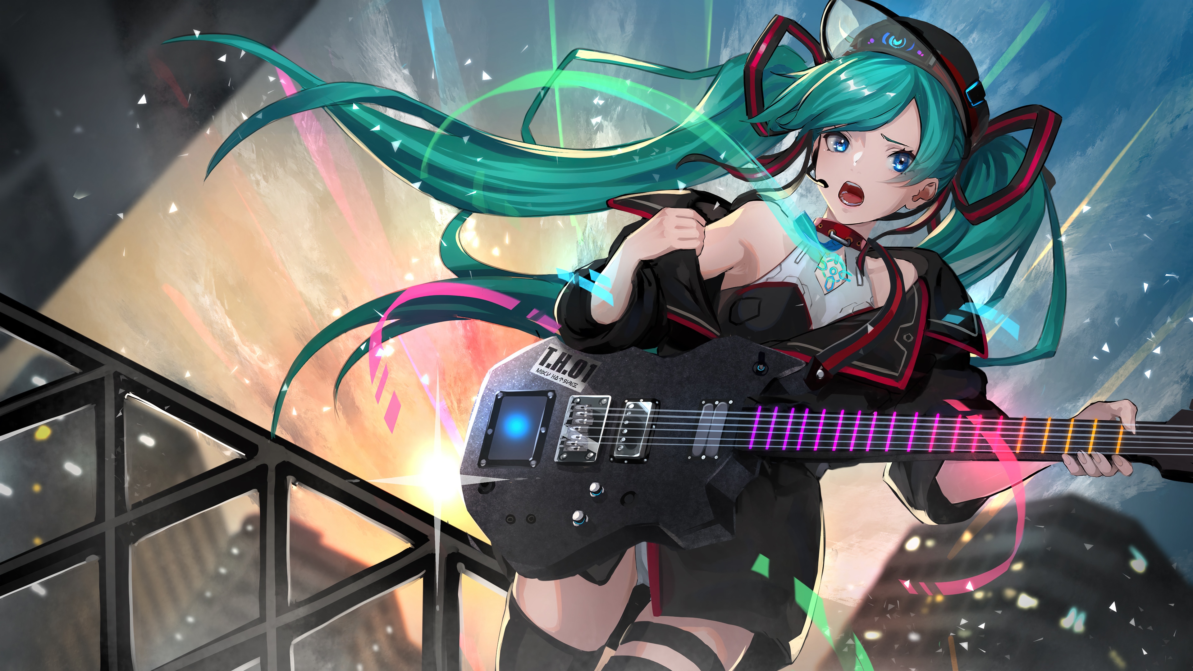 Hatsune Miku playing a guitar with colorful lights HD Wallpaper