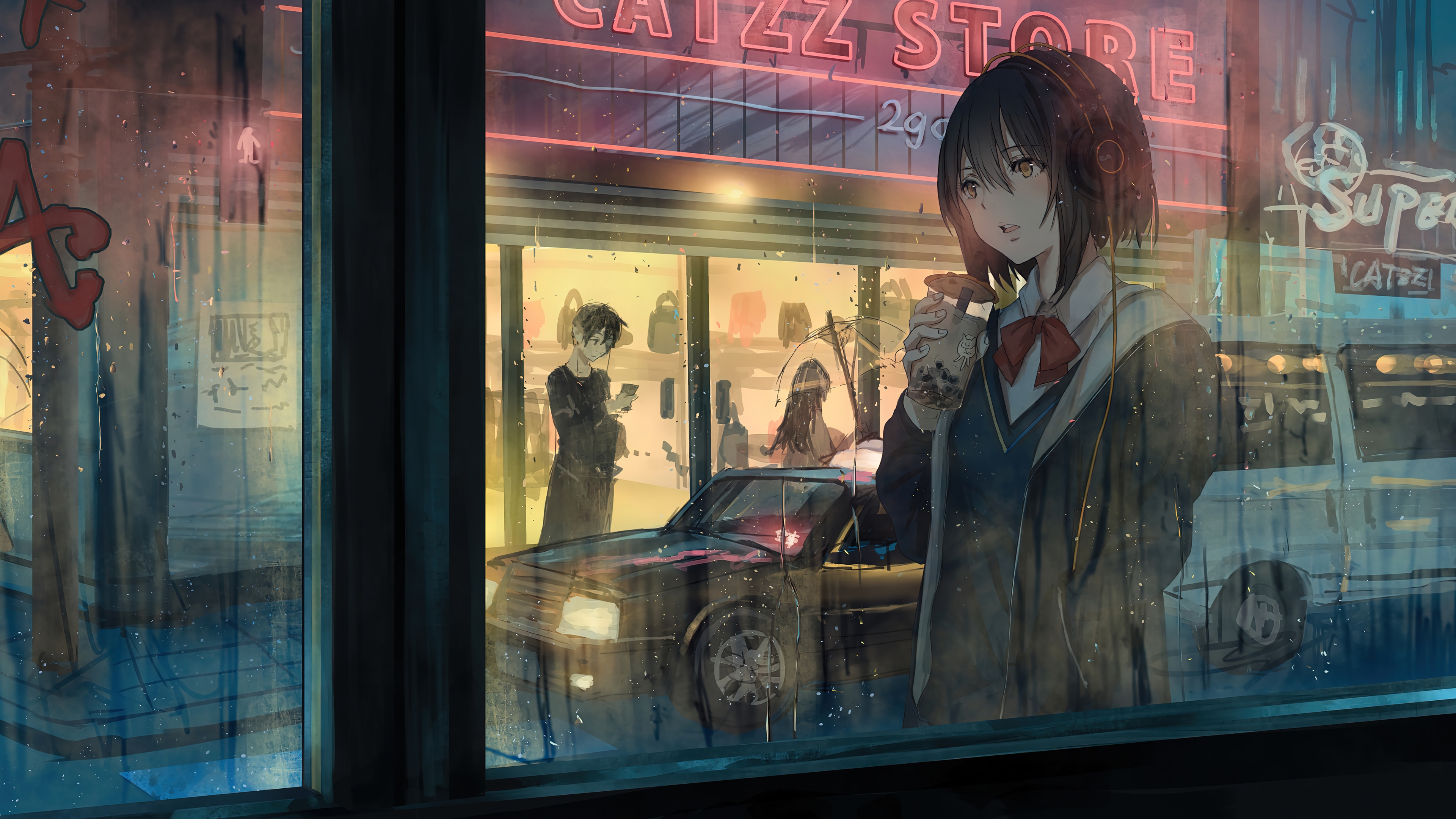 Anime girl with headphones in the rain HD Wallpaper