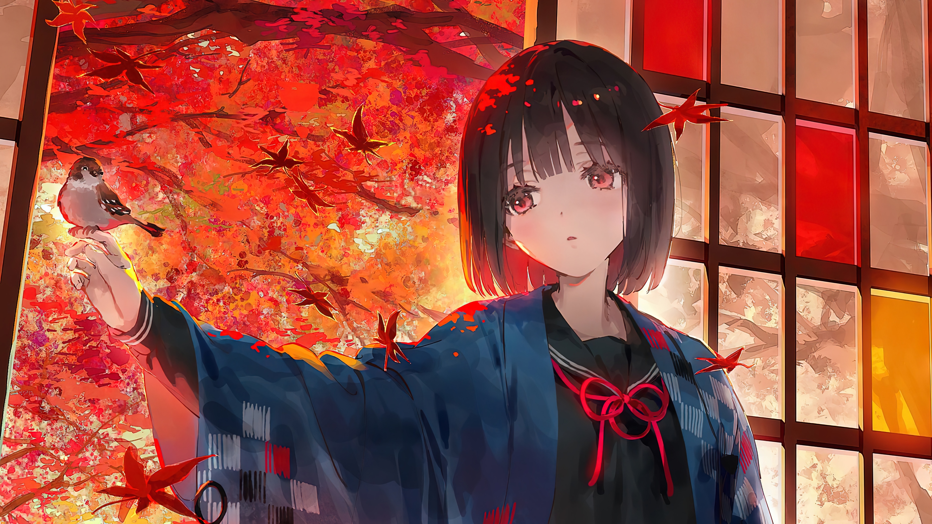Anime girl with sparrow in autumn maple trees 4K HD Wallpaper