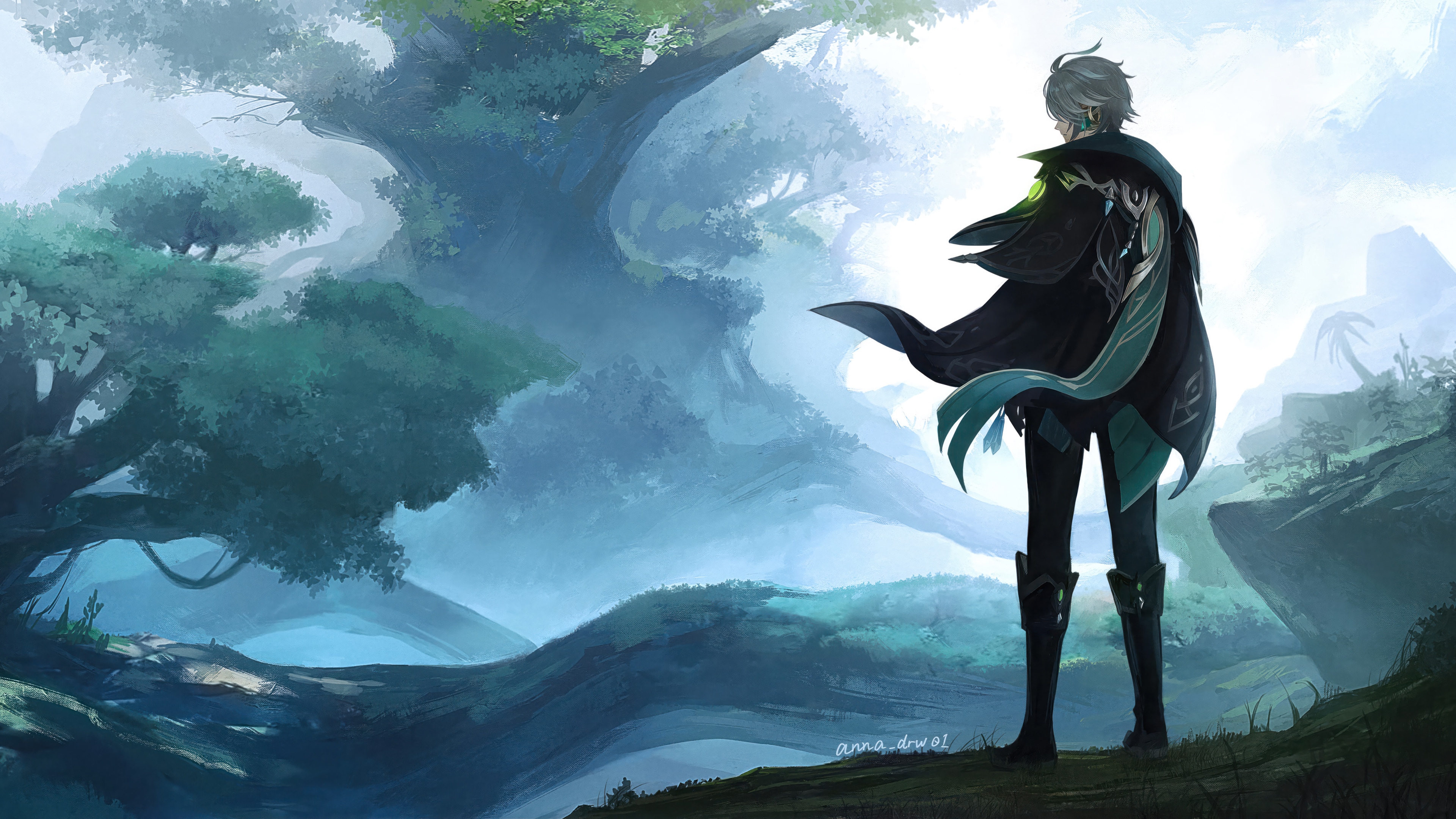 Alhaitham from Genshin Impact in a misty forest HD Wallpaper