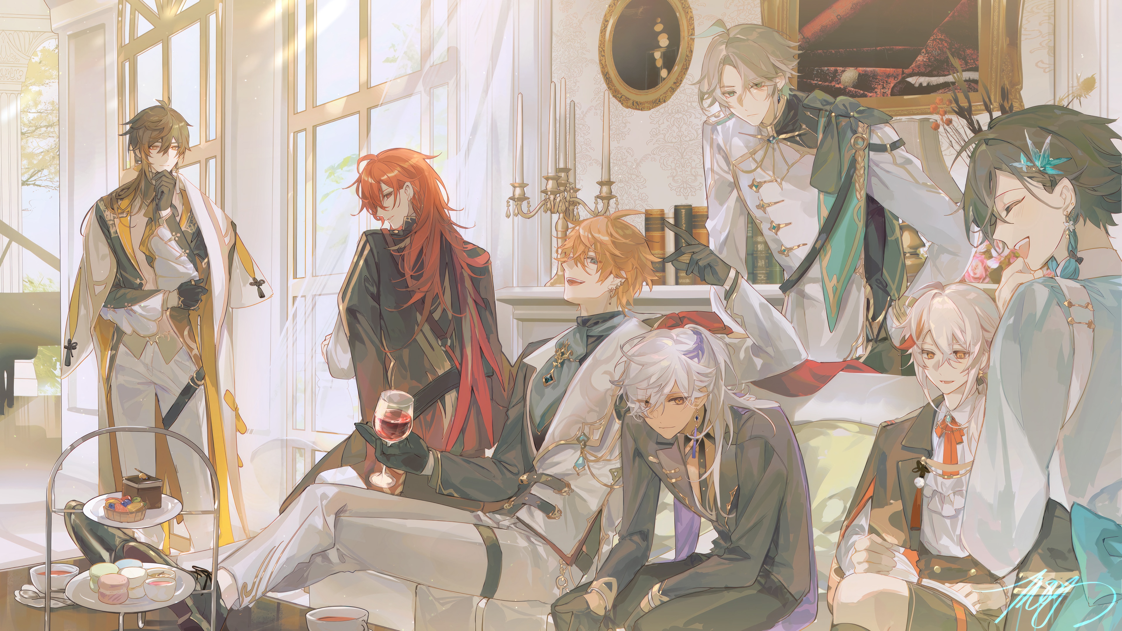 Genshin Impact characters in a formal gathering HD Wallpaper