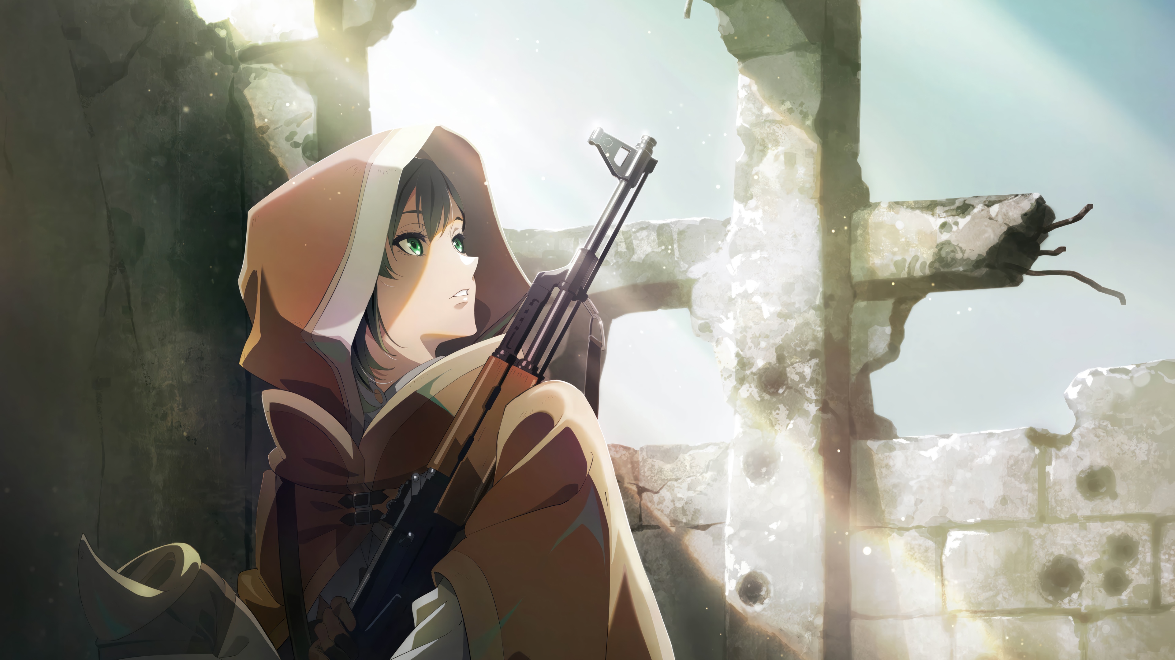 Anime girl with rifle in ruined building HD Wallpaper
