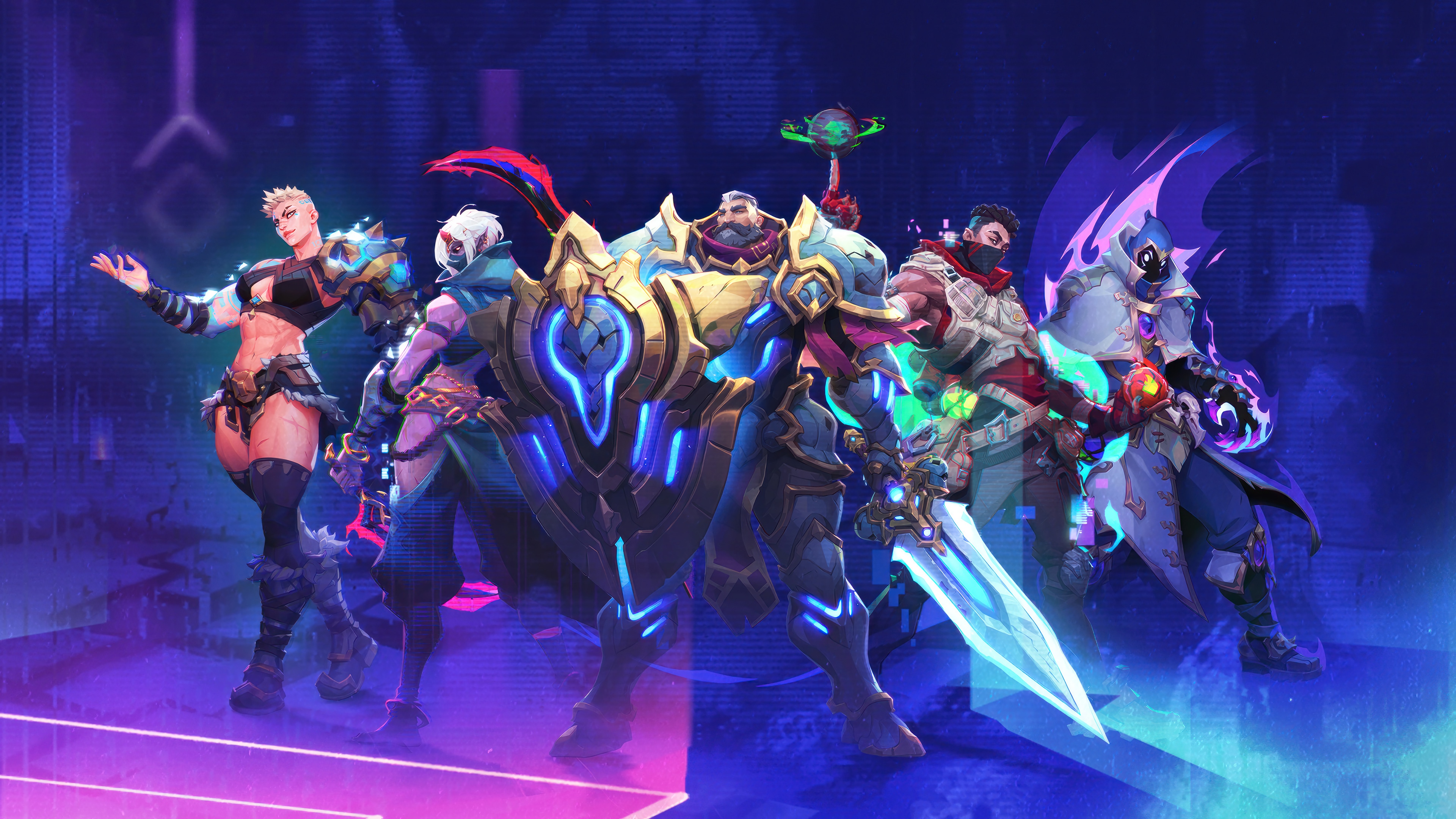 Wayfinder characters in a neon-lit environment HD Wallpaper