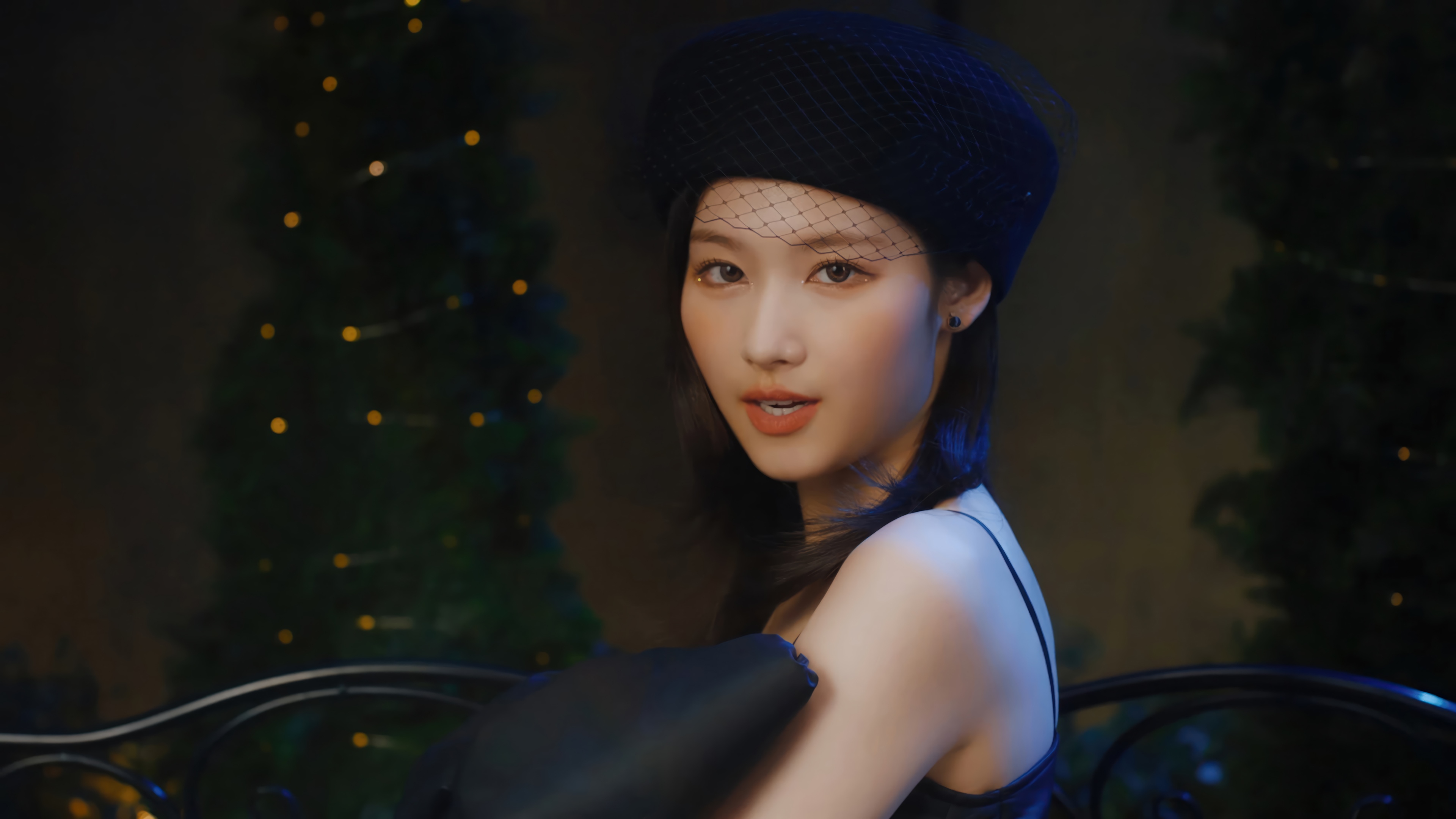 Sana from TWICE wearing a black beret with veil HD Wallpaper