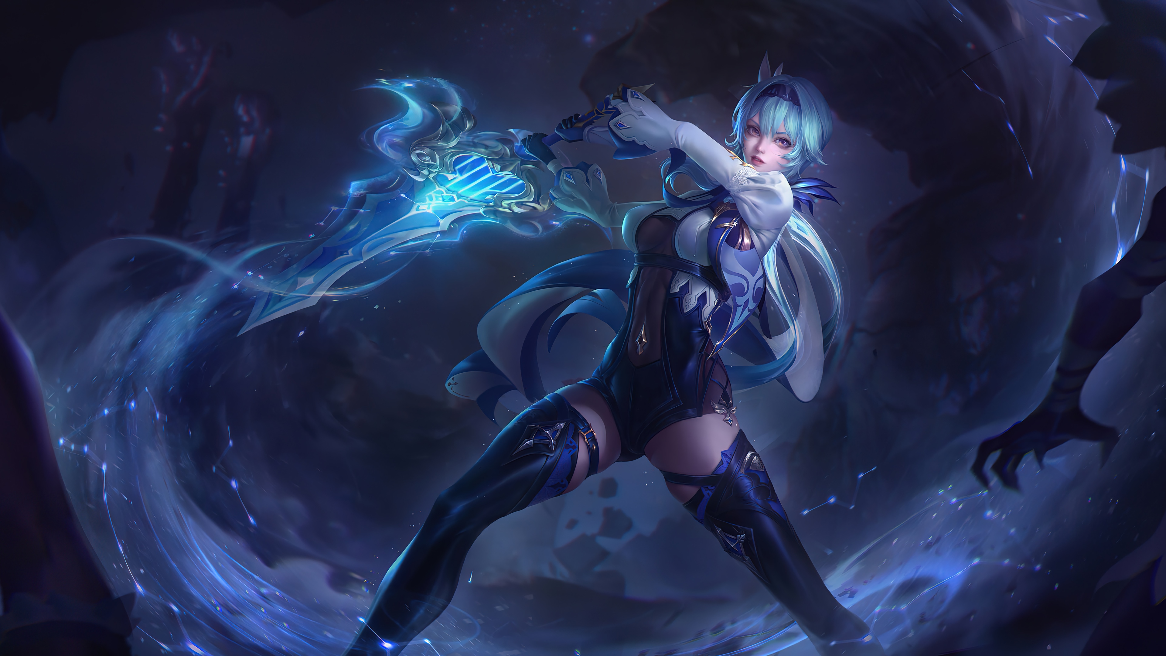 Eula from Genshin Impact holding a glowing blue weapon HD Wallpaper