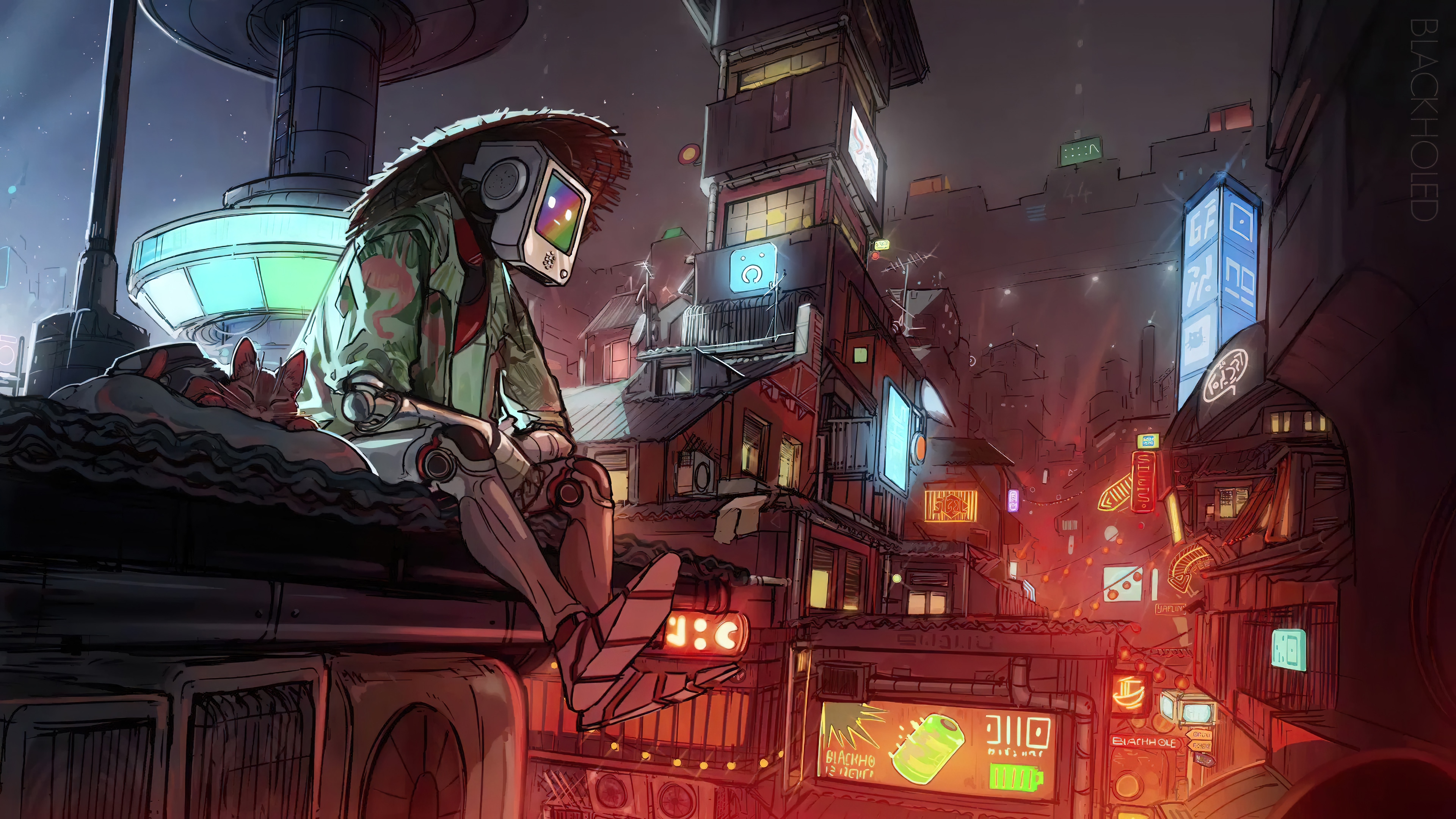 Robot with a screen for a head and a cat in a futuristic city HD Wallpaper