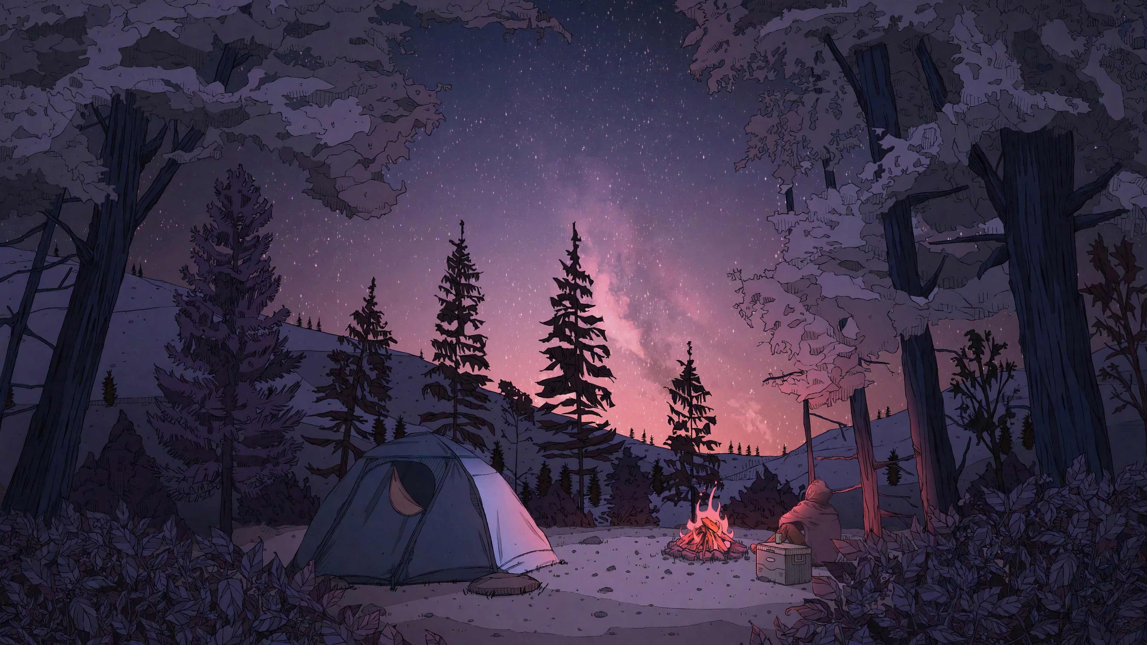Camping in a forest under the starry night sky HD Wallpaper
