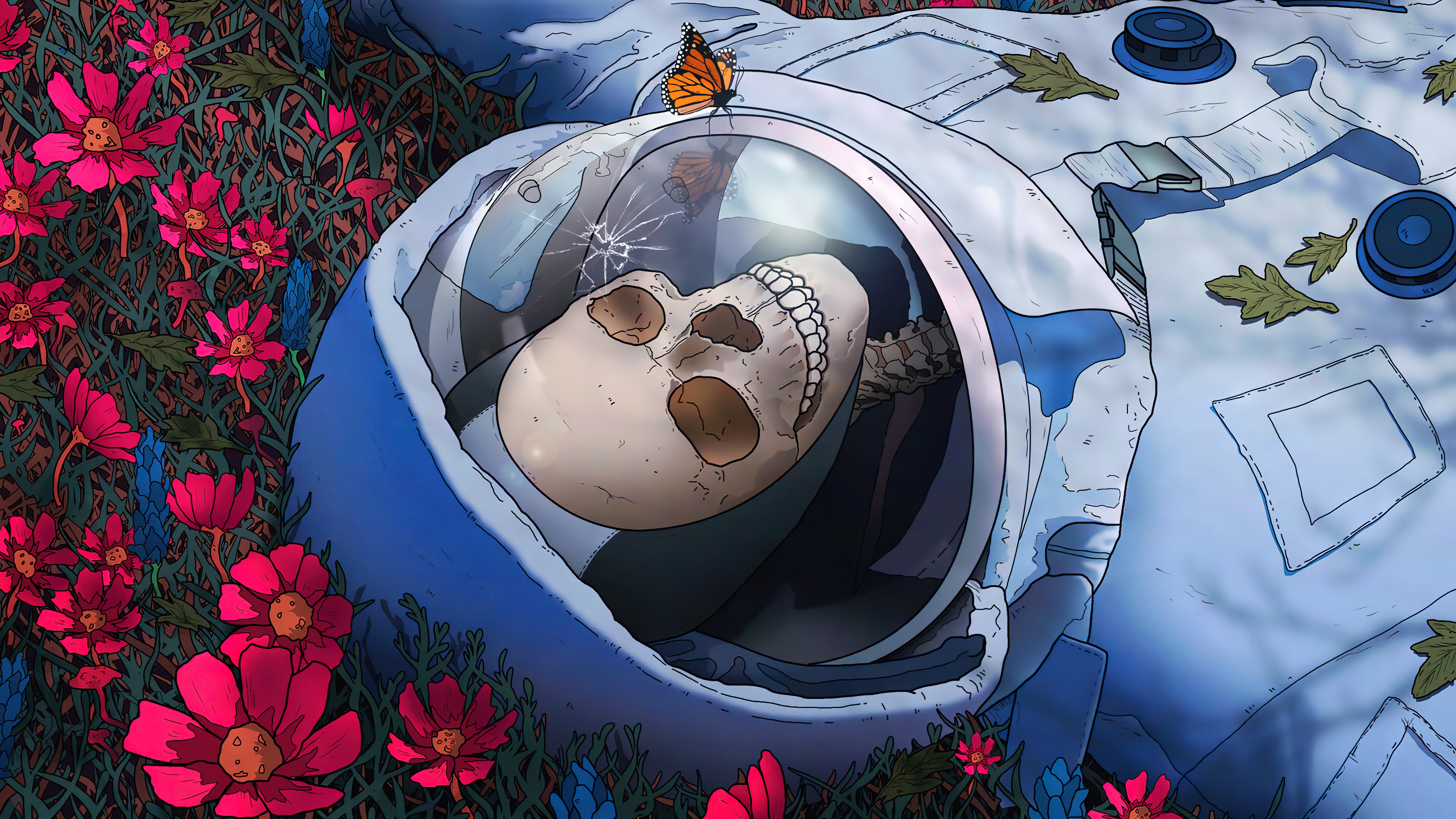 Skeleton Astronaut in Flowers 4K HD Wallpaper
