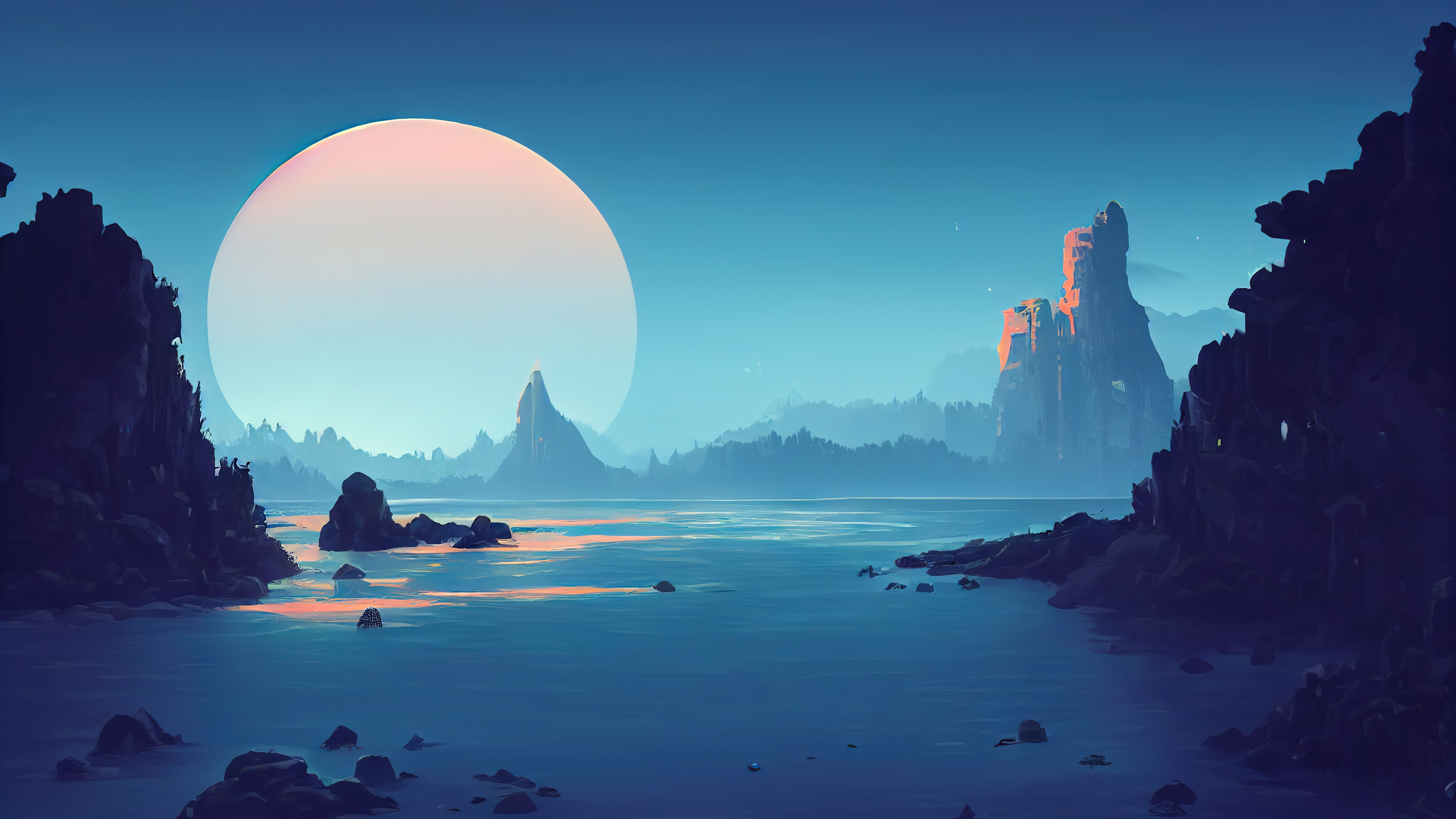 Digital Art of a Moonlit Sea Scenery 4K HD Wallpaper