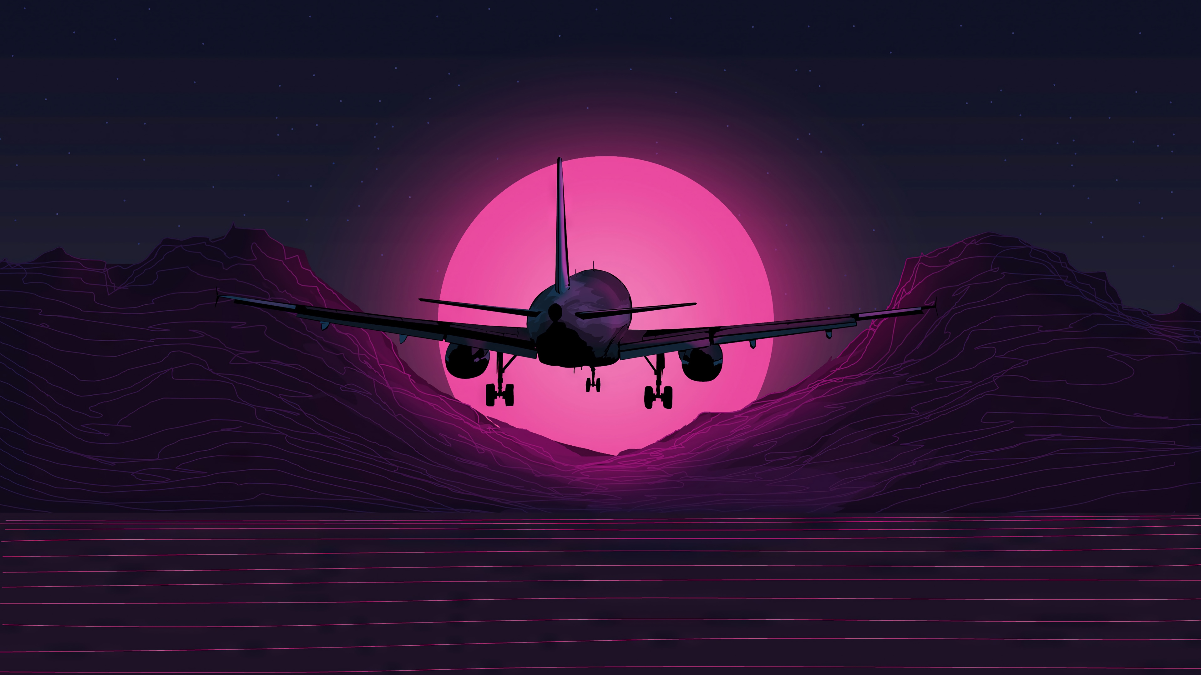 Airplane flying towards a pink sun over mountains HD Wallpaper
