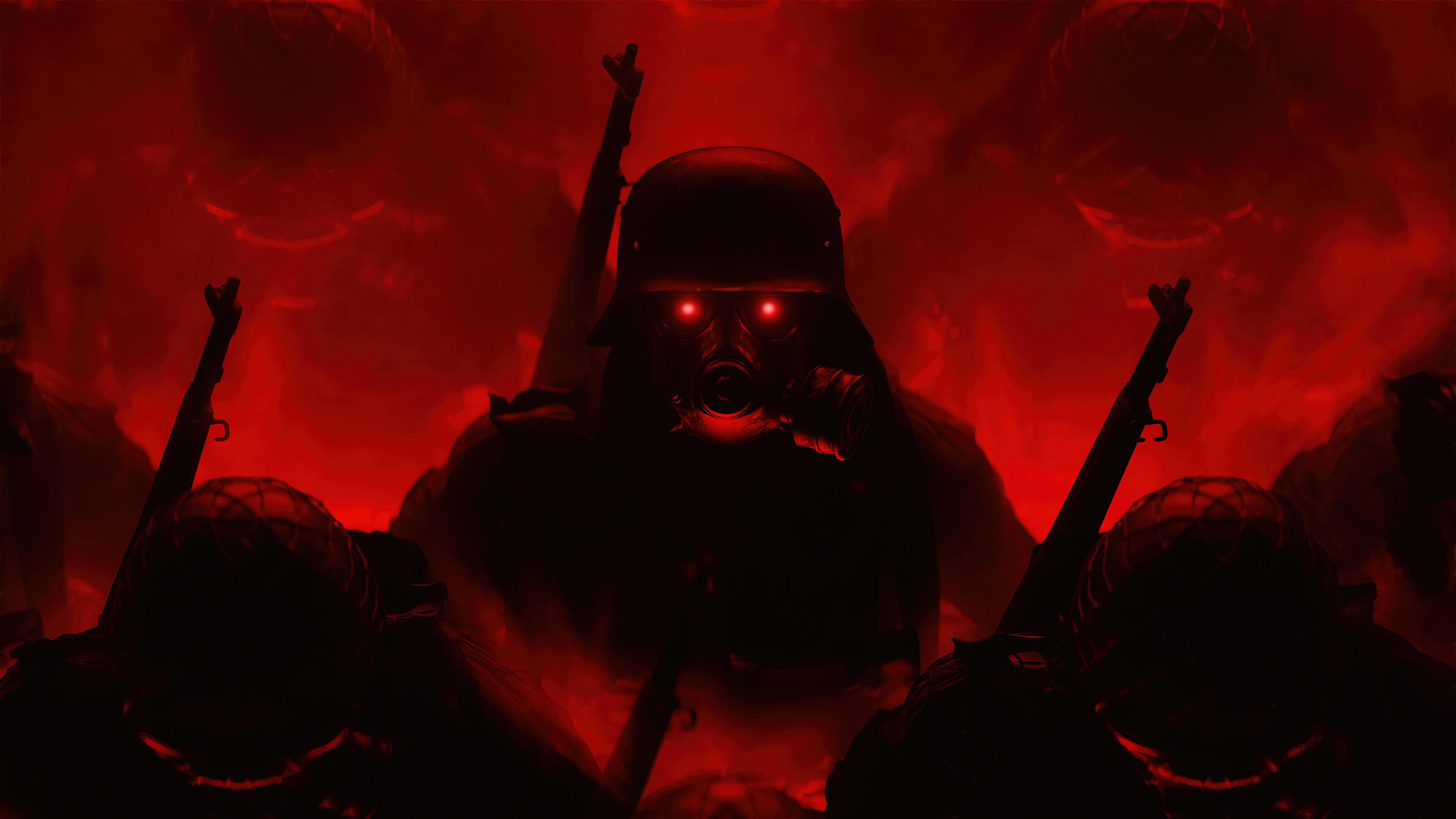 Soldier with Gas Mask and Rifle in Red Haze 4K HD Wallpaper