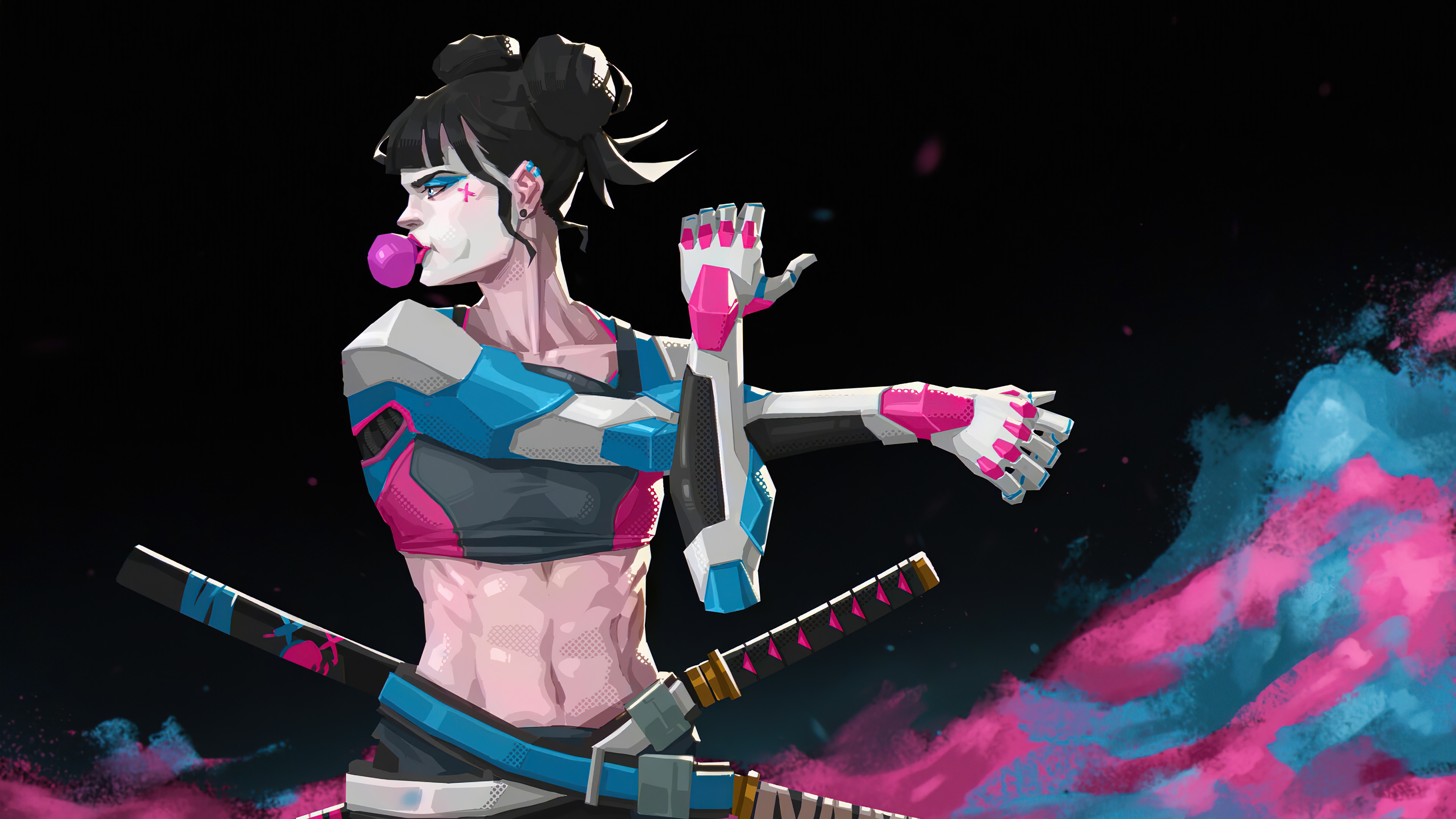 Cyberpunk Samurai Girl with Katana and Bubblegum 4K HD Wallpaper