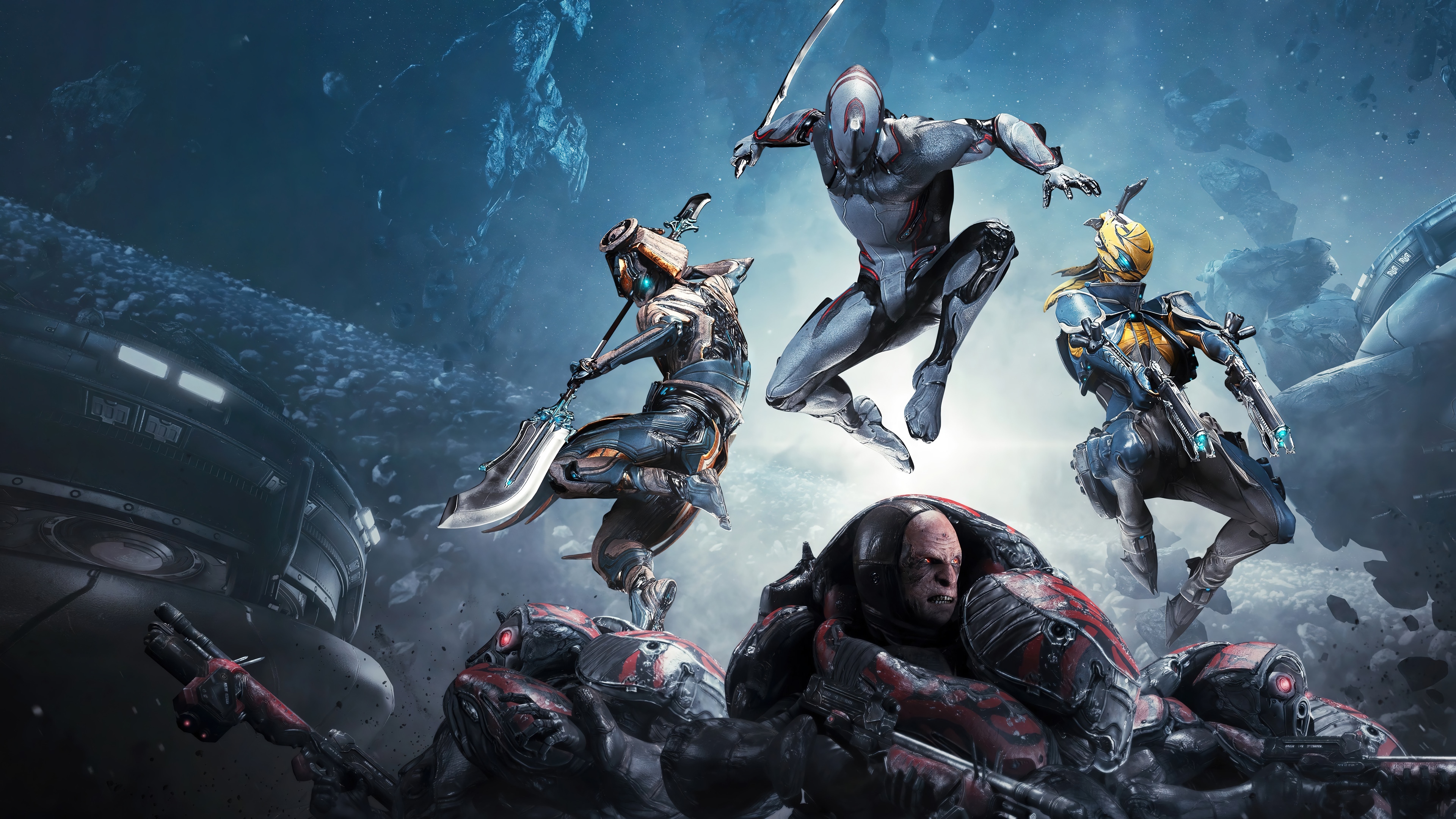 Warframe characters in space combat HD Wallpaper