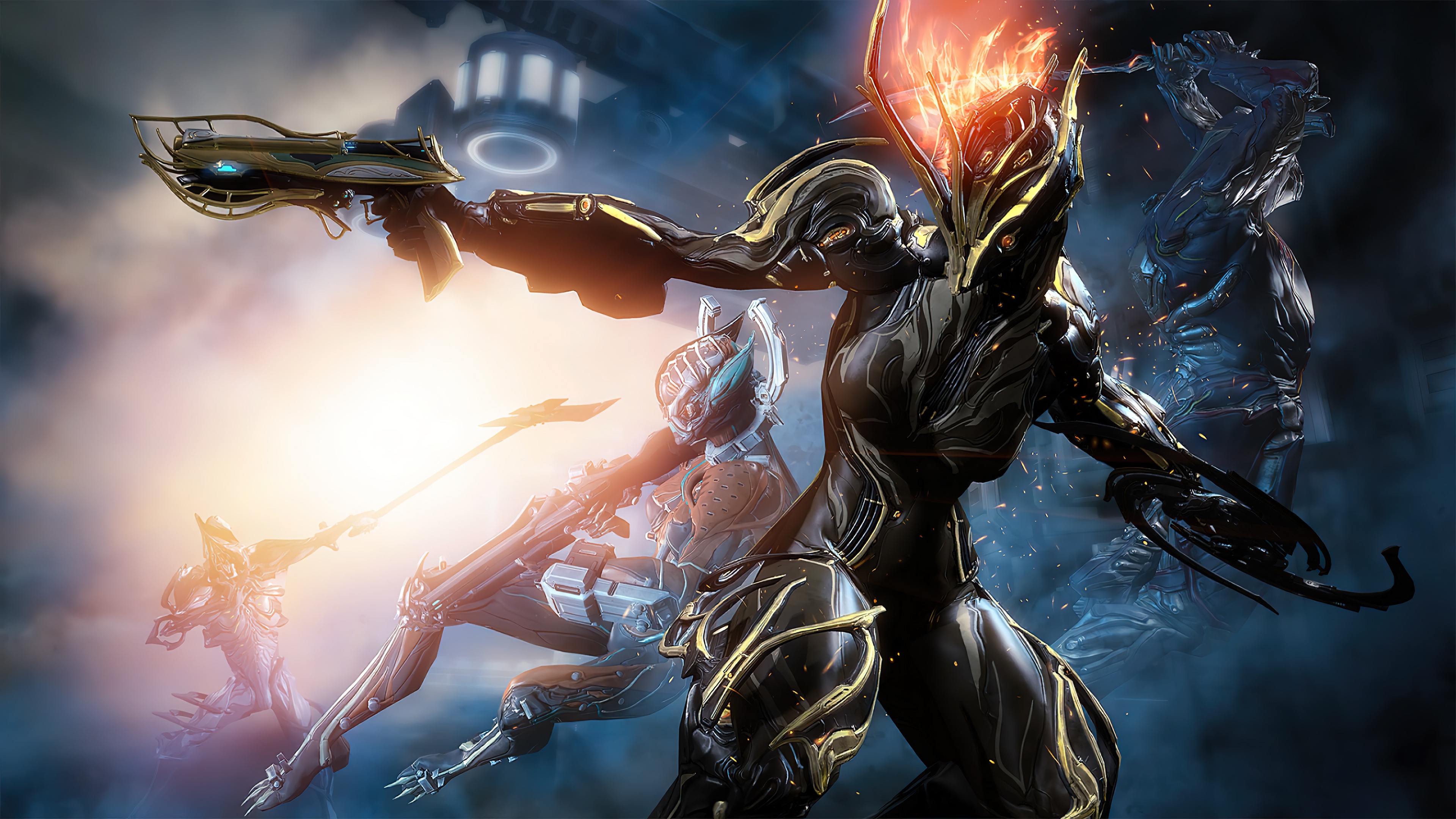 Warframe characters in action with futuristic weapons HD Wallpaper