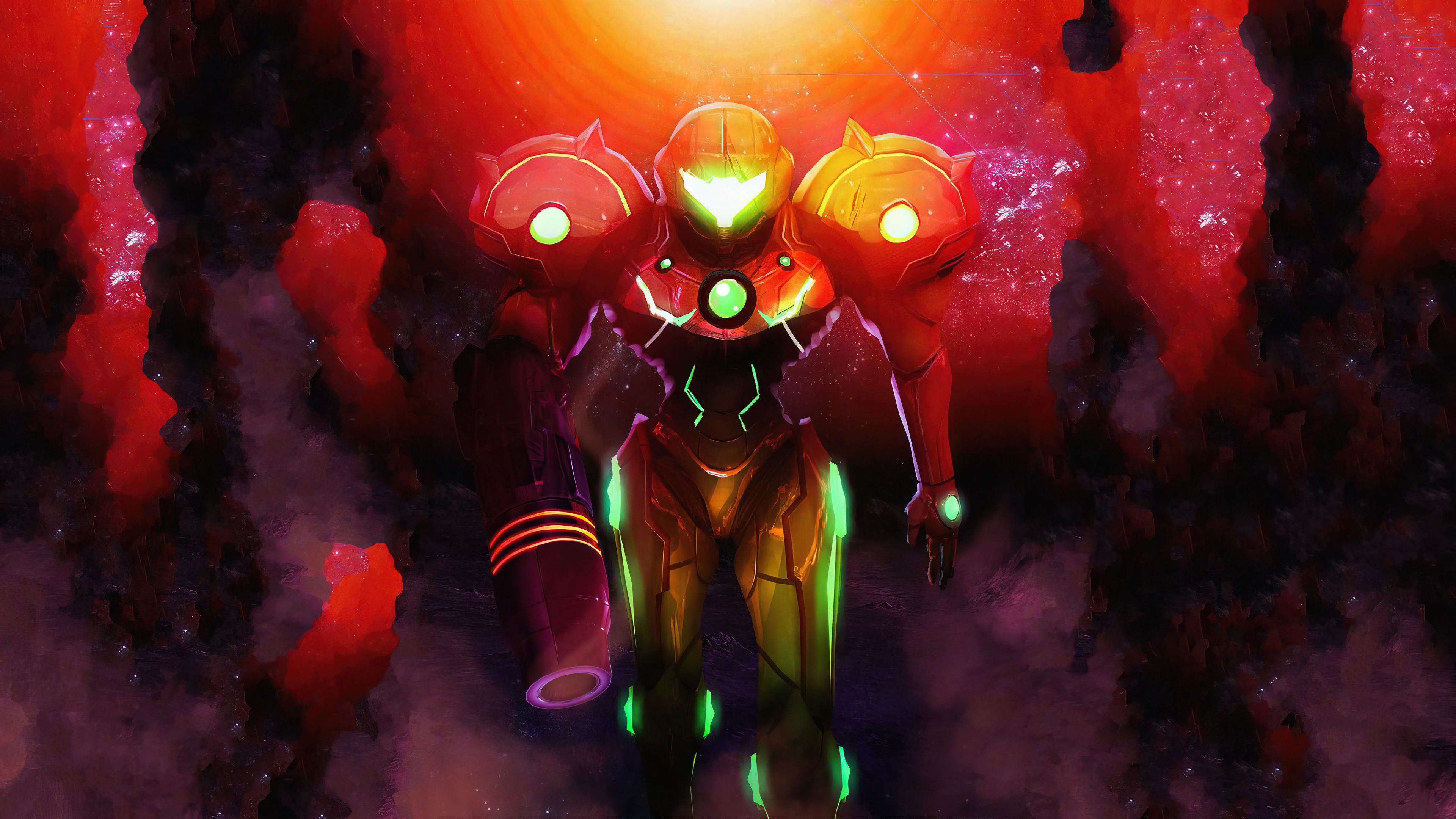 Samus Aran in a red and dark environment HD Wallpaper