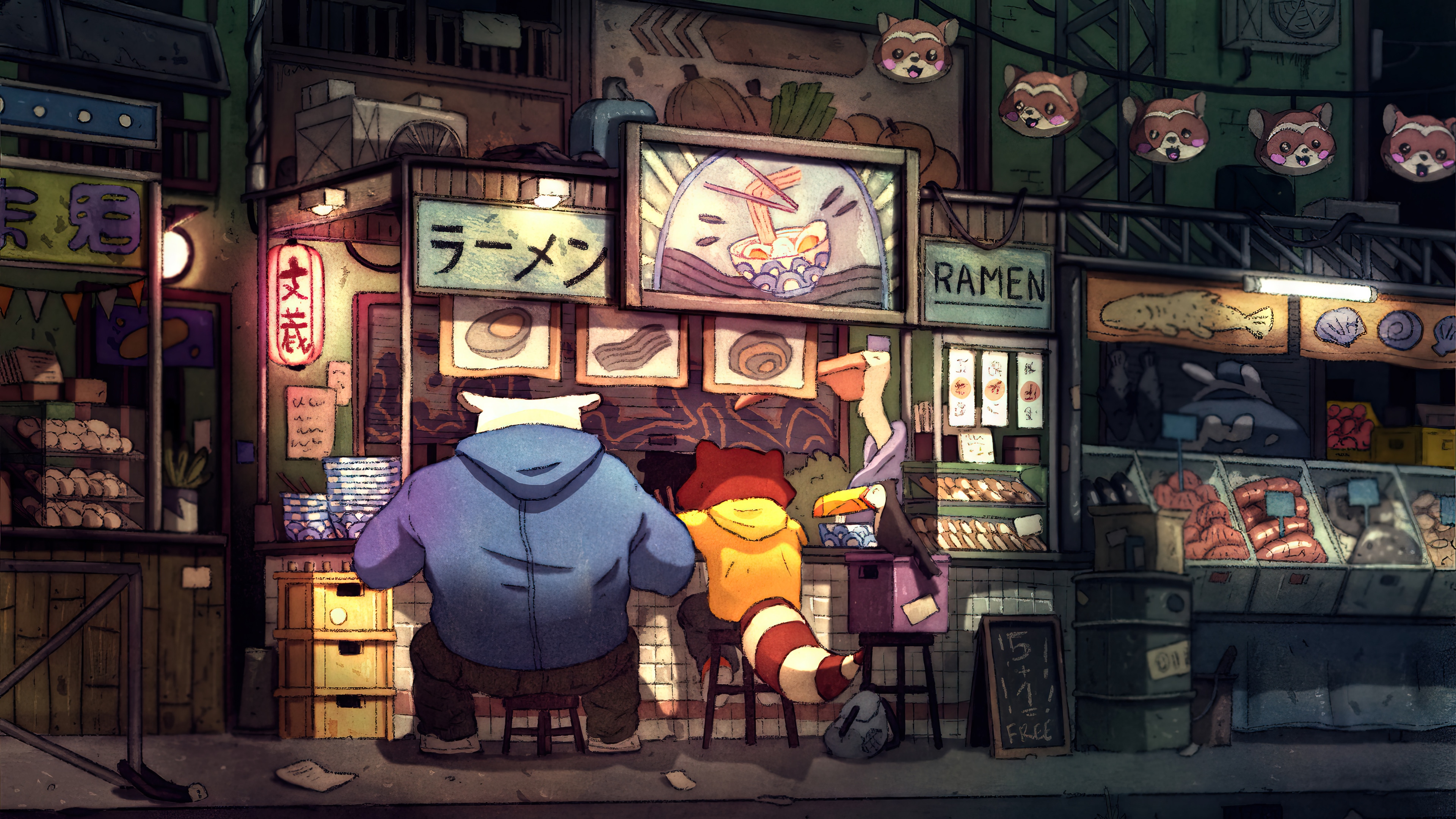 Ramen Shop with Raccoons and a Bird HD Wallpaper