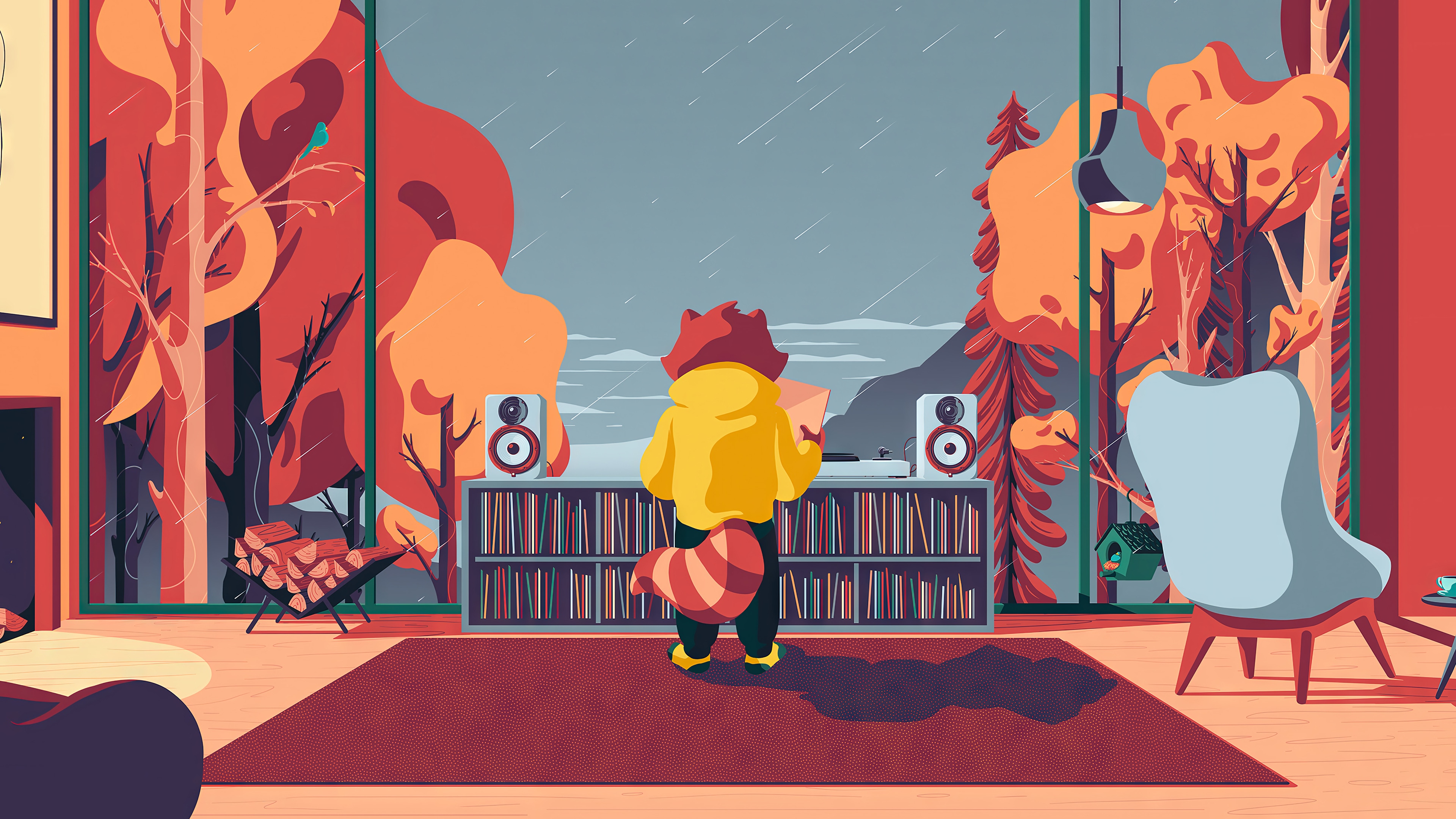 Lofi Raccoon Listening to Music in Autumn HD Wallpaper
