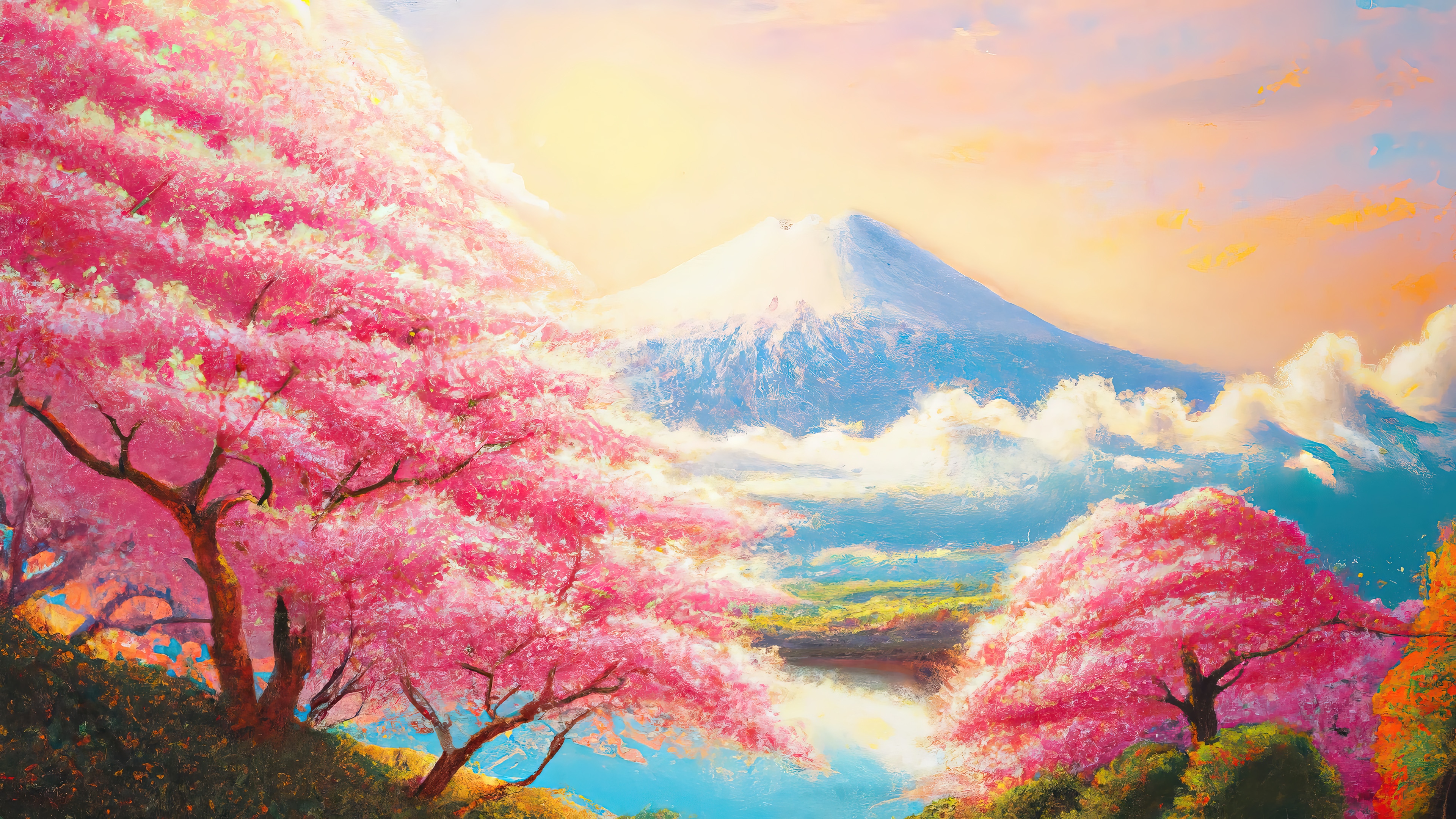 Cherry Blossoms and Mount Fuji Digital Art 4K HD Wallpaper