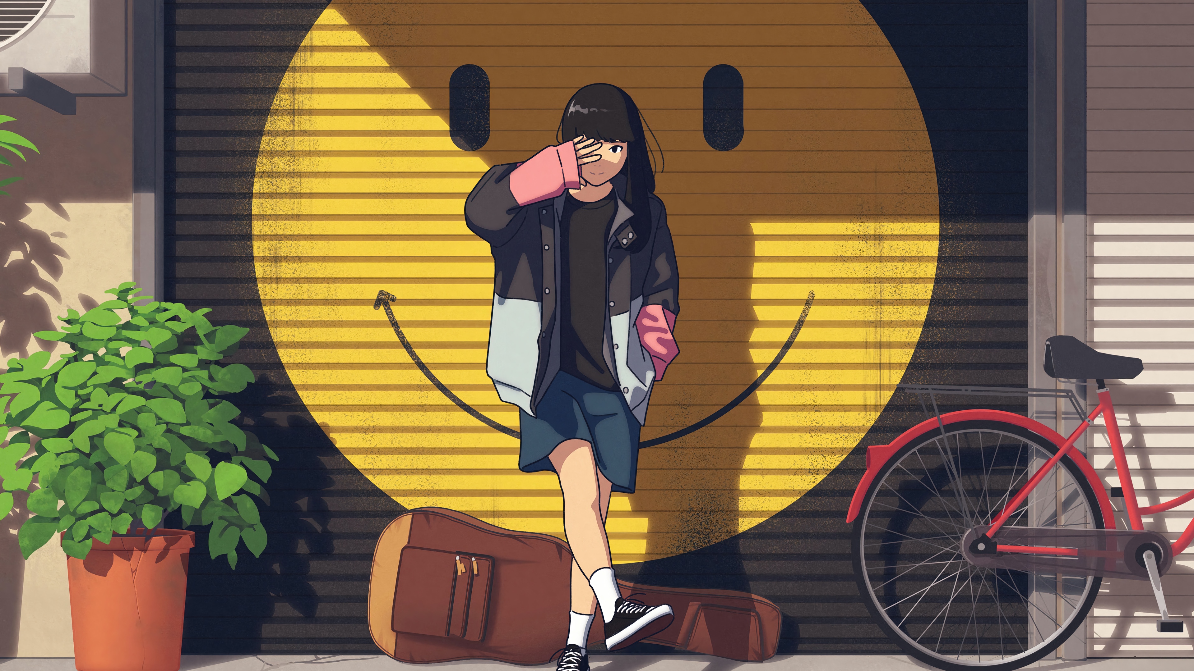 Anime Girl in Front of Smiley Face Garage Door 4K HD Wallpaper