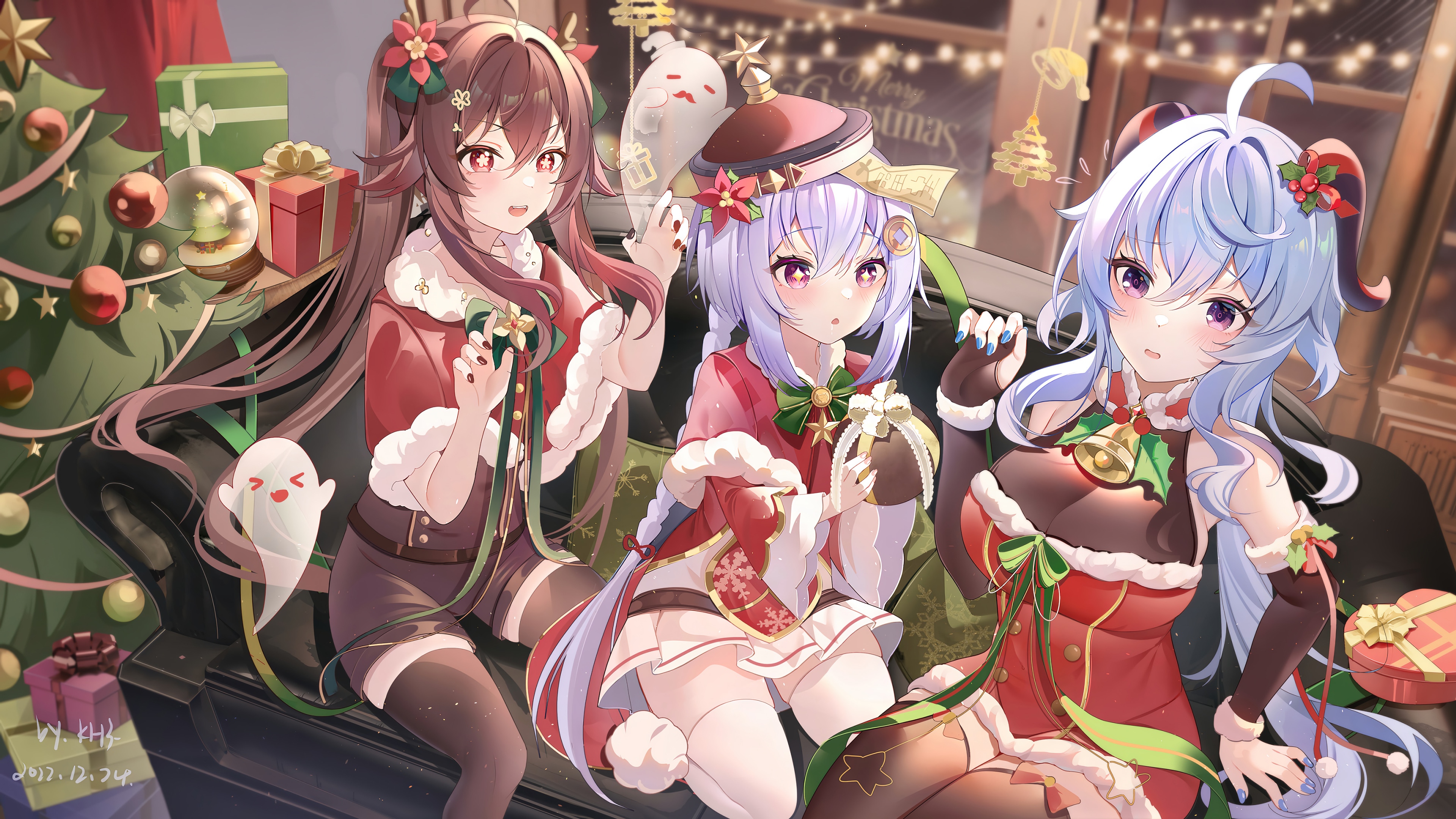 Genshin Impact Girls Hu Tao, Qiqi, and Ganyu in Christmas Outfits 4K HD Wallpaper
