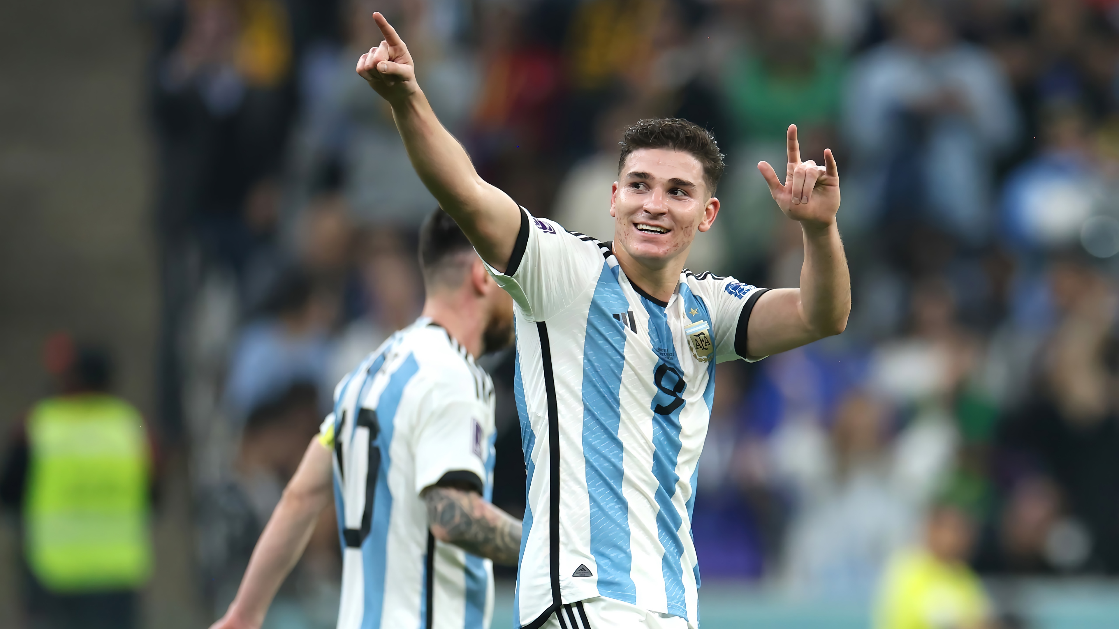 Argentina player Julian Alvarez celebrates a goal HD Wallpaper