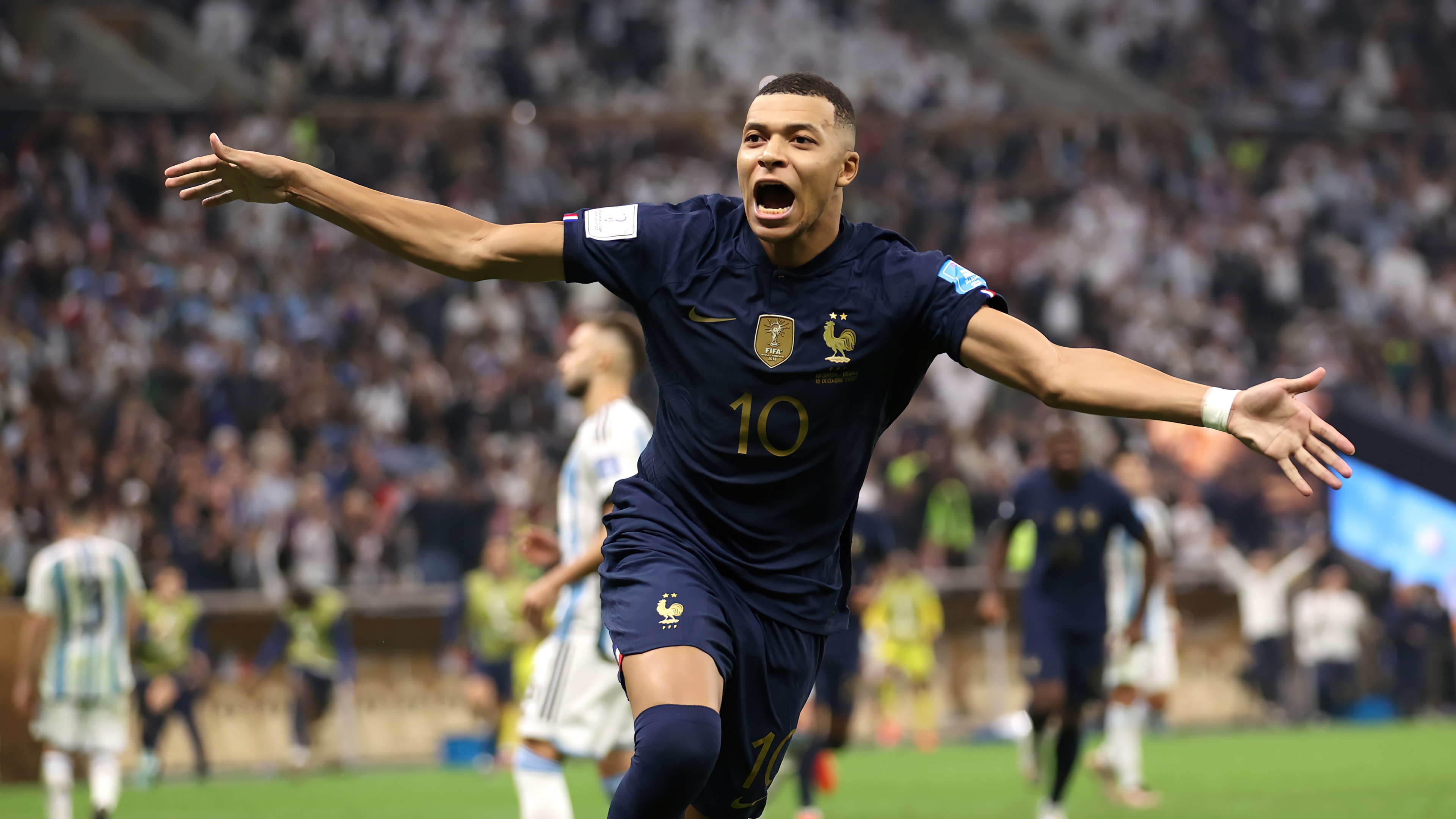 Kylian Mbappé celebrates scoring for France in 4K HD Wallpaper