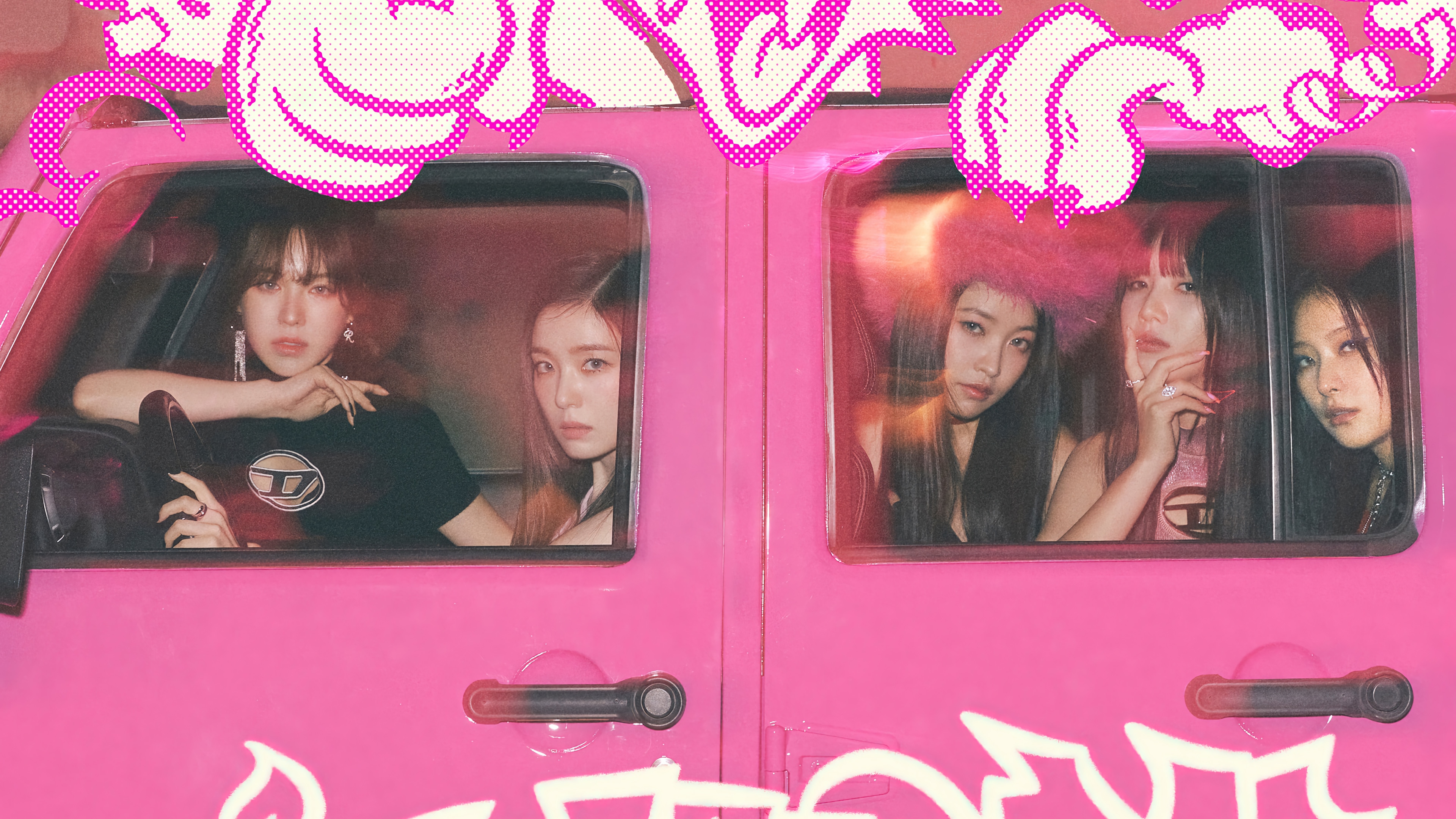 Red Velvet members in a pink jeep HD Wallpaper