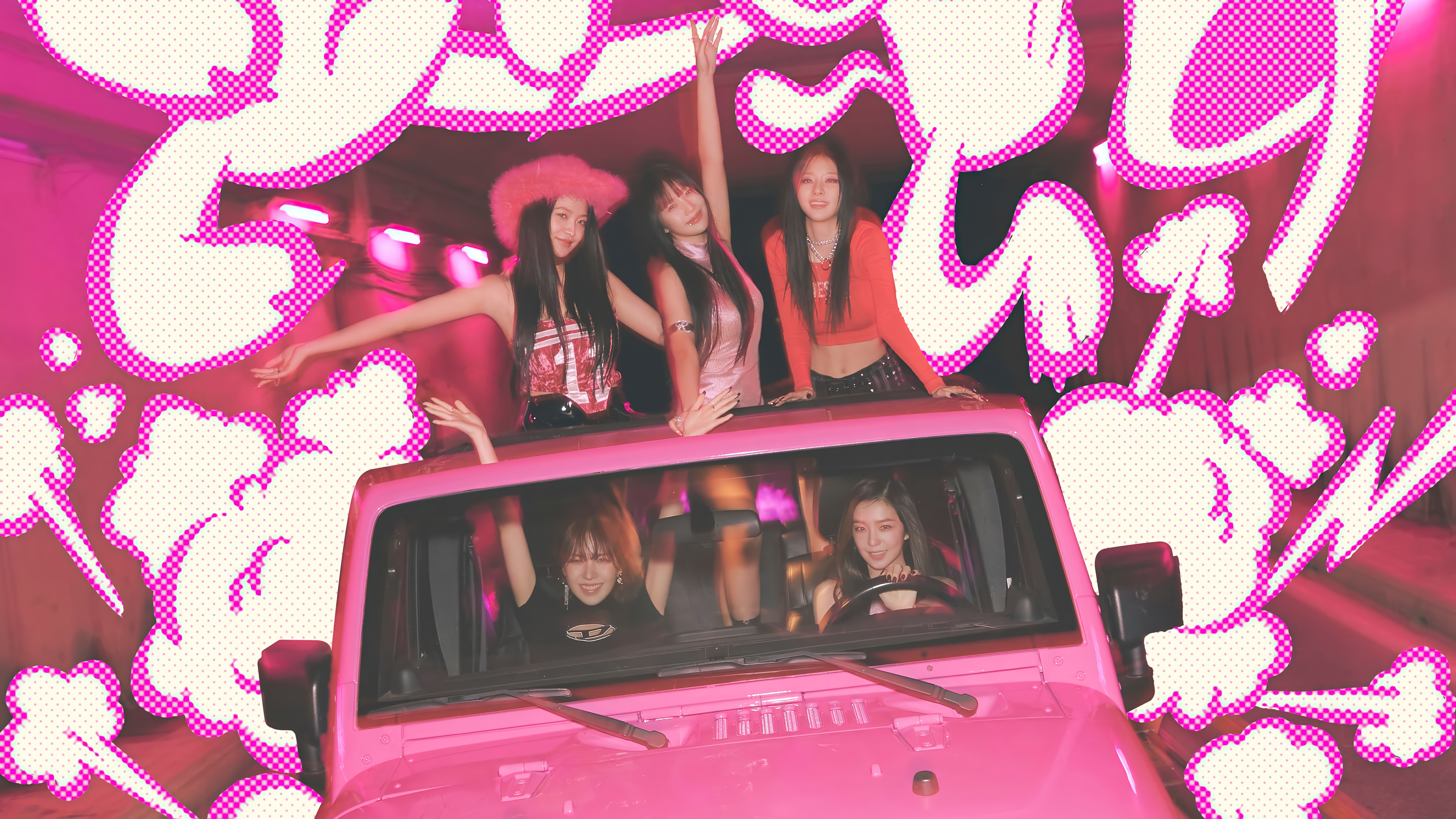 Red Velvet in a pink Jeep HD Wallpaper