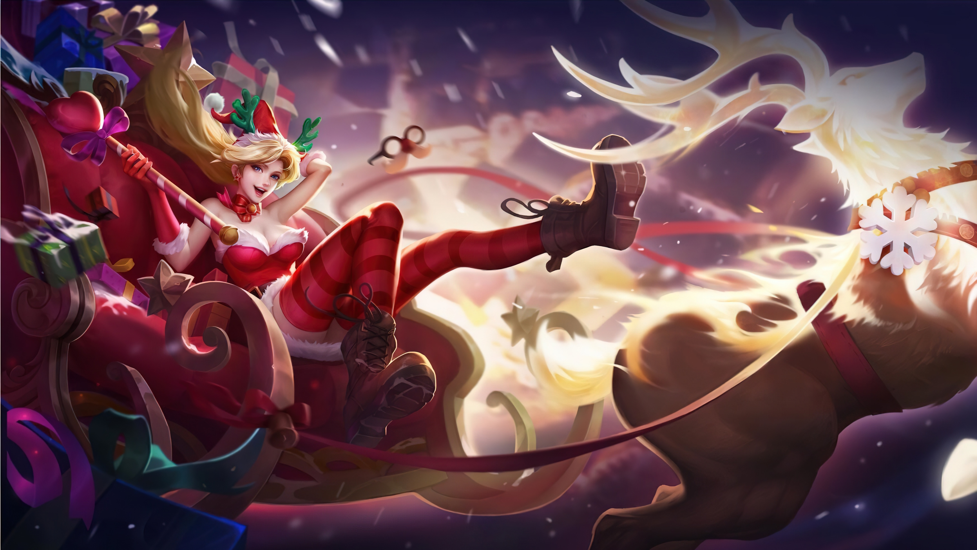 Christmas Girl in Sleigh with Reindeer 4K HD Wallpaper