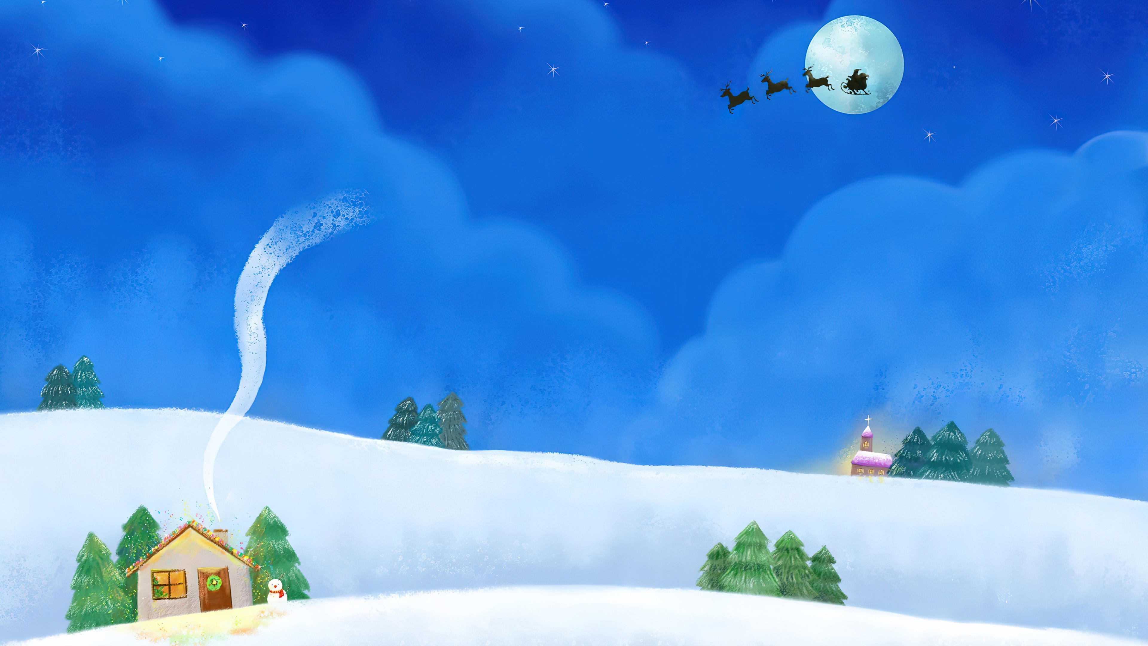Christmas Night with Santa Claus and Village HD Wallpaper