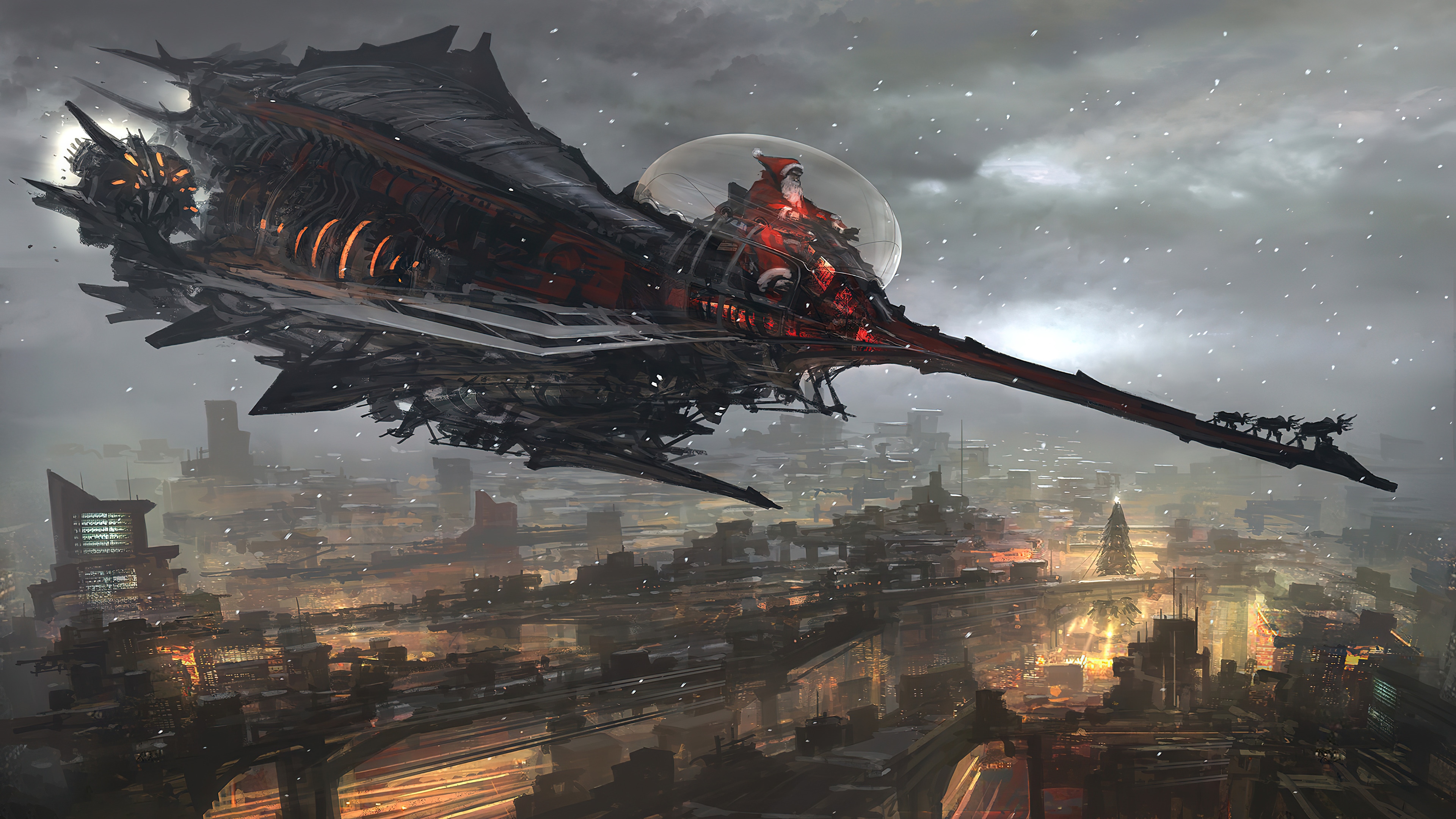 Steampunk Santa Claus in a futuristic city 4K HD Wallpaper