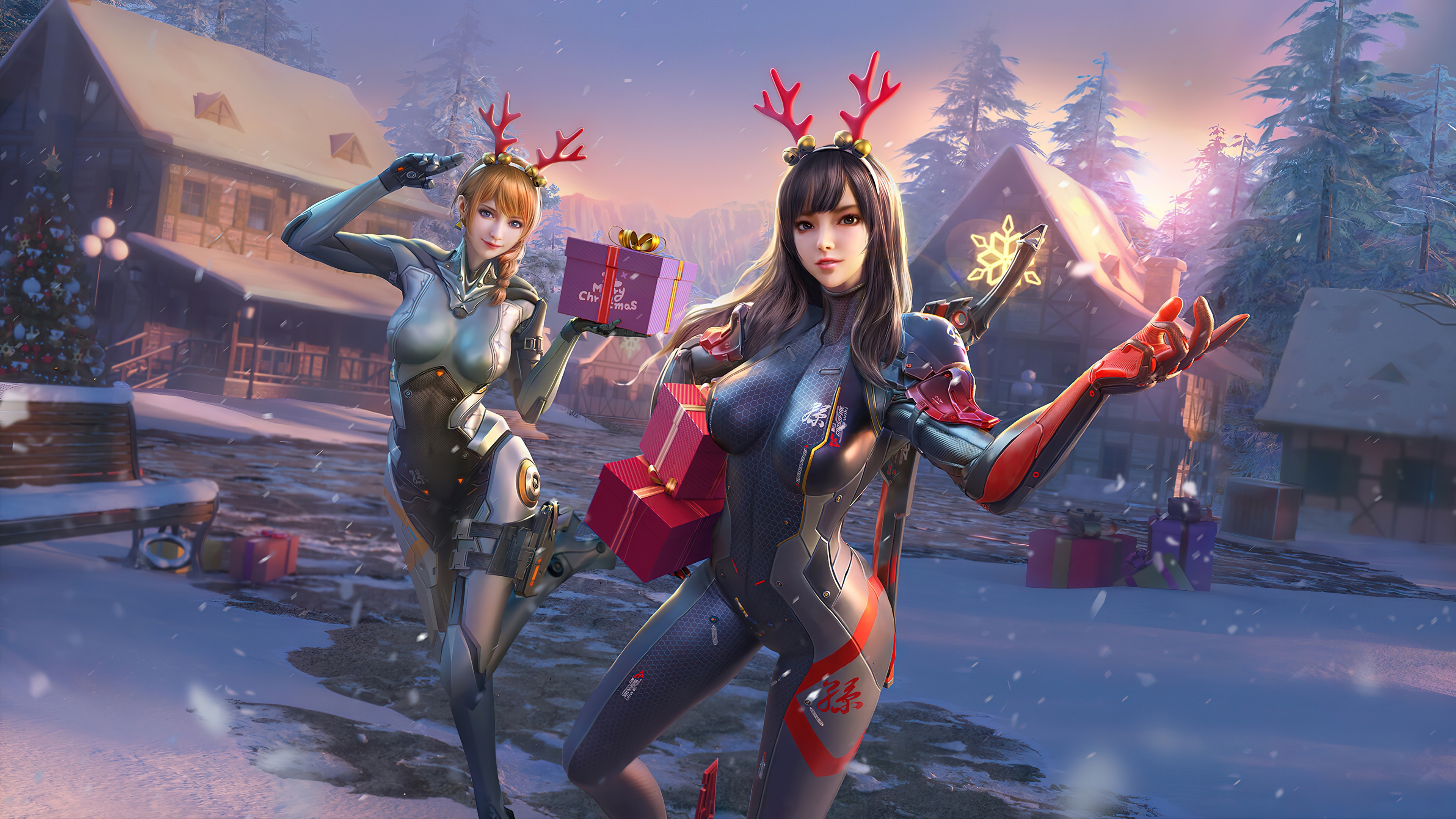 Crossfire Girls with Christmas Gifts in Snowy Village 4K HD Wallpaper