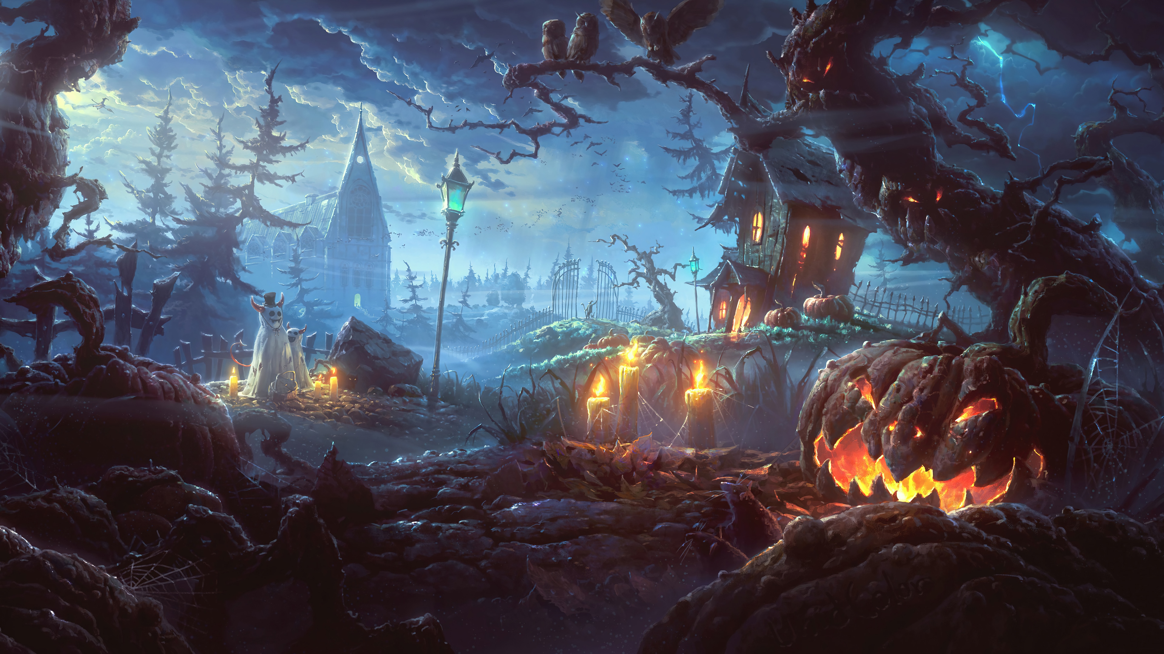 Halloween Graveyard with Jack-o'-lantern and Ghosts 4K HD Wallpaper