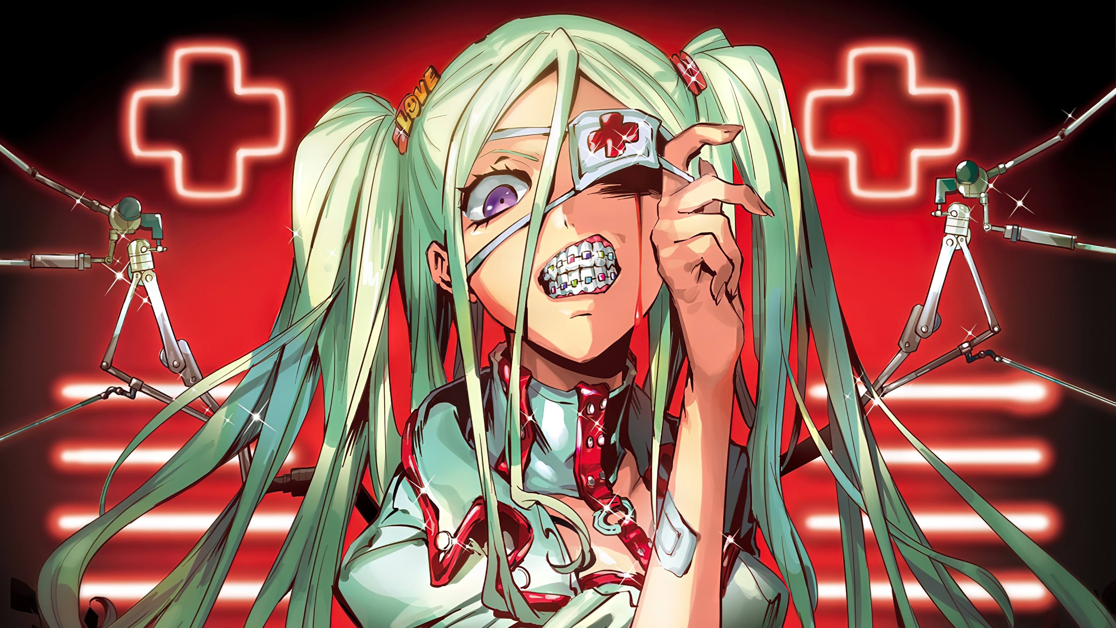 Anime Girl with Eyepatch and Braces HD Wallpaper